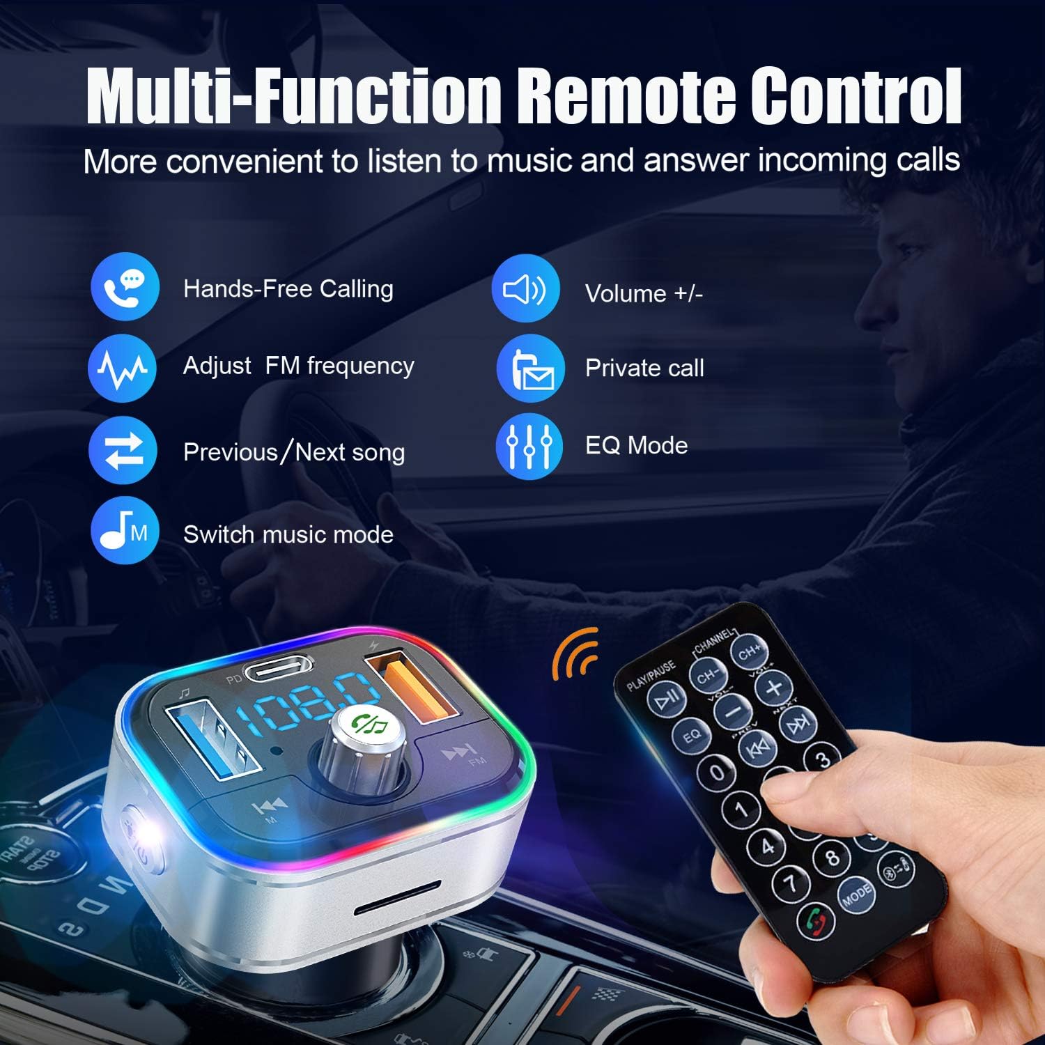 Bluetooth FM Transmitter for Car, Clydek Wireless Bluetooth FM Car Adapter with Type-C PD 3.0 18W, Remote Control, LED Backlit, Hands-Free Calling, MP3 Player Car Charger Support U Disk & TF Card