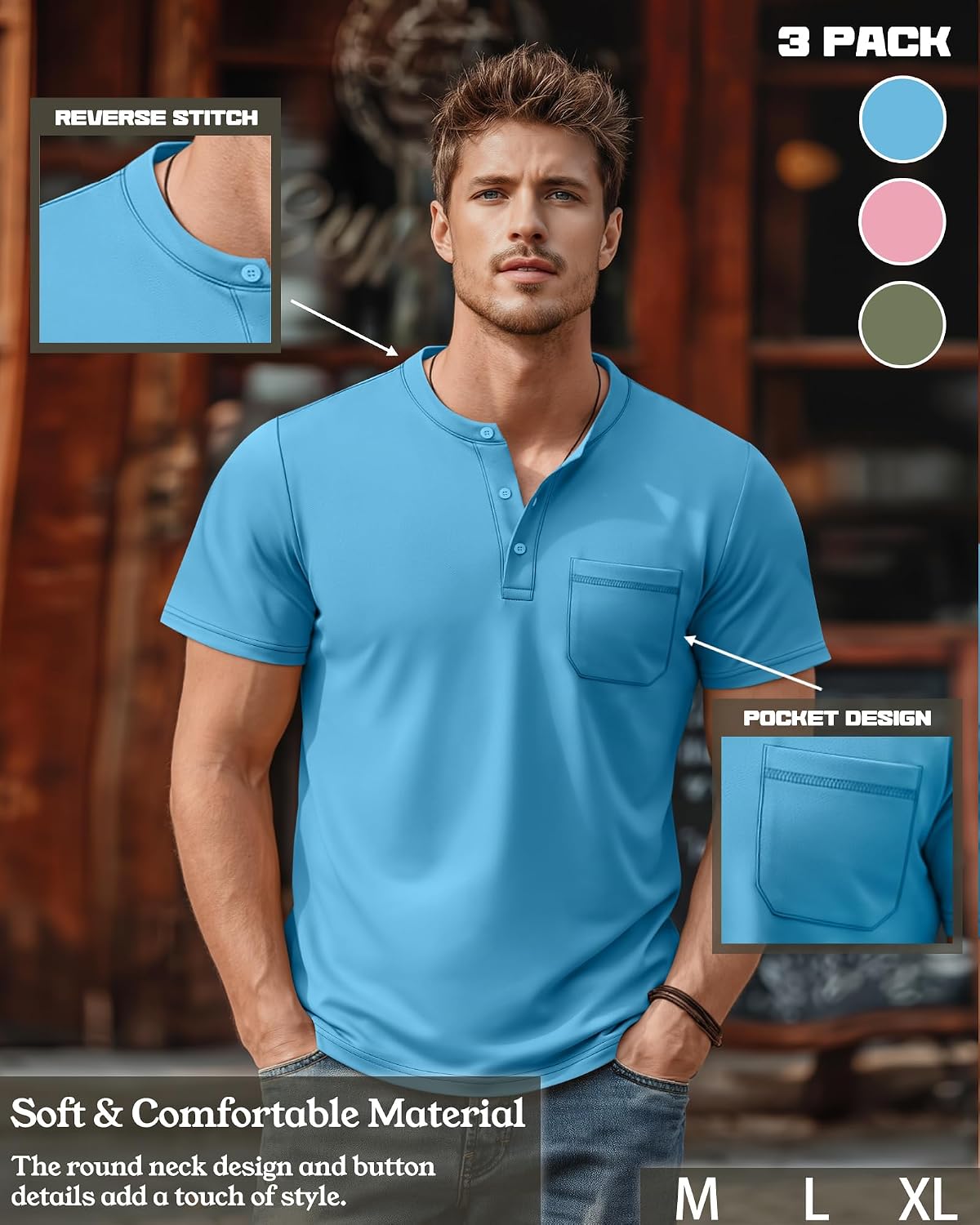 Riyiper 3 Pack Men's Big and Tall Henley T-Shirts, Short Sleeve Pocket Cotton Loose Fit Shirt Summer Oversized Button Tee