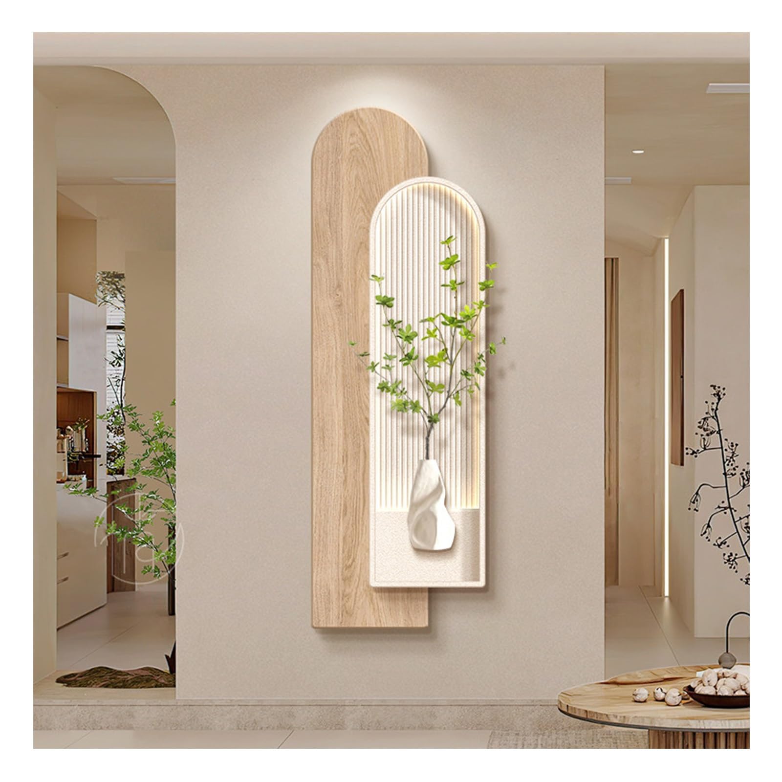 YVZYLXH Moderne Wanddeko Wohnzimmer mit LED Beleuchtung, 3D Wandbild aus Kristallporzellan, Beleuchtete Wandkunst Skulptur for Schlafzimmer & Flur(Wood,100x35cm/39.4x13.8in)