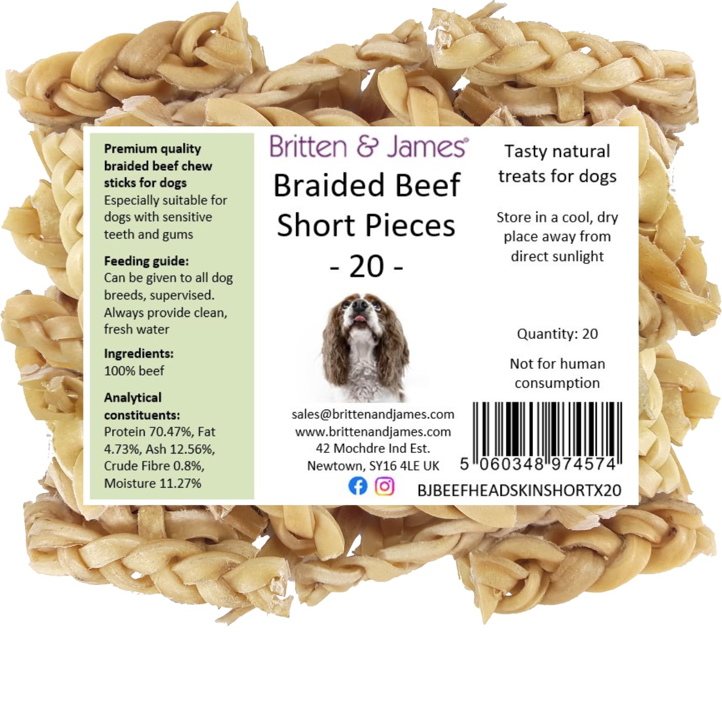 Britten and James 20 Braided Beef Skin Chews for Dogs (8-12cm). Natural Long-Lasting Dog Chew Treats, Hypoallergenic