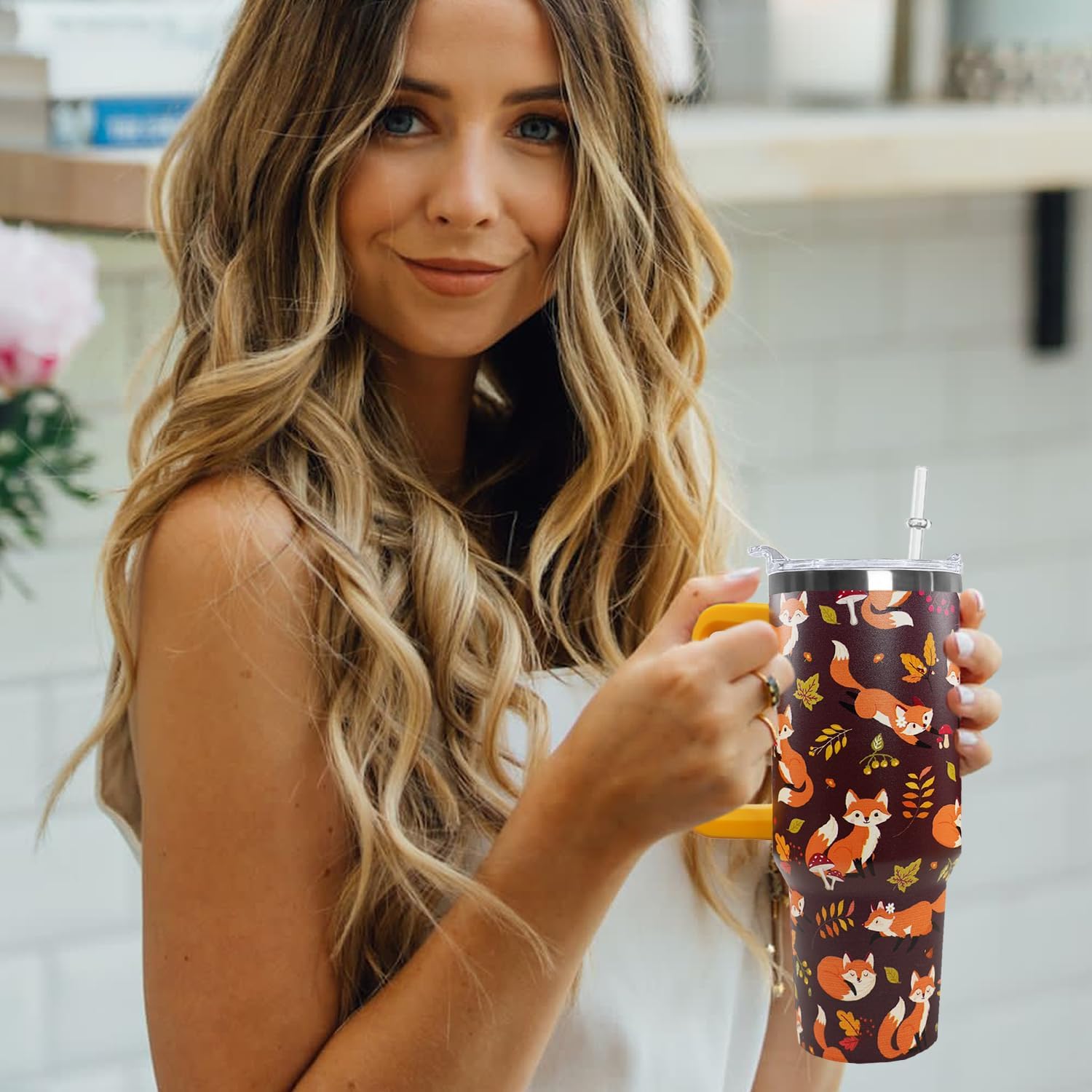 Ceovfoi 40 oz Fall Fox Tumbler With Lid and Straw, Travel Mug Cup Water Bottle, Gifts for Fox Lovers, Decor Accessories - Image 5