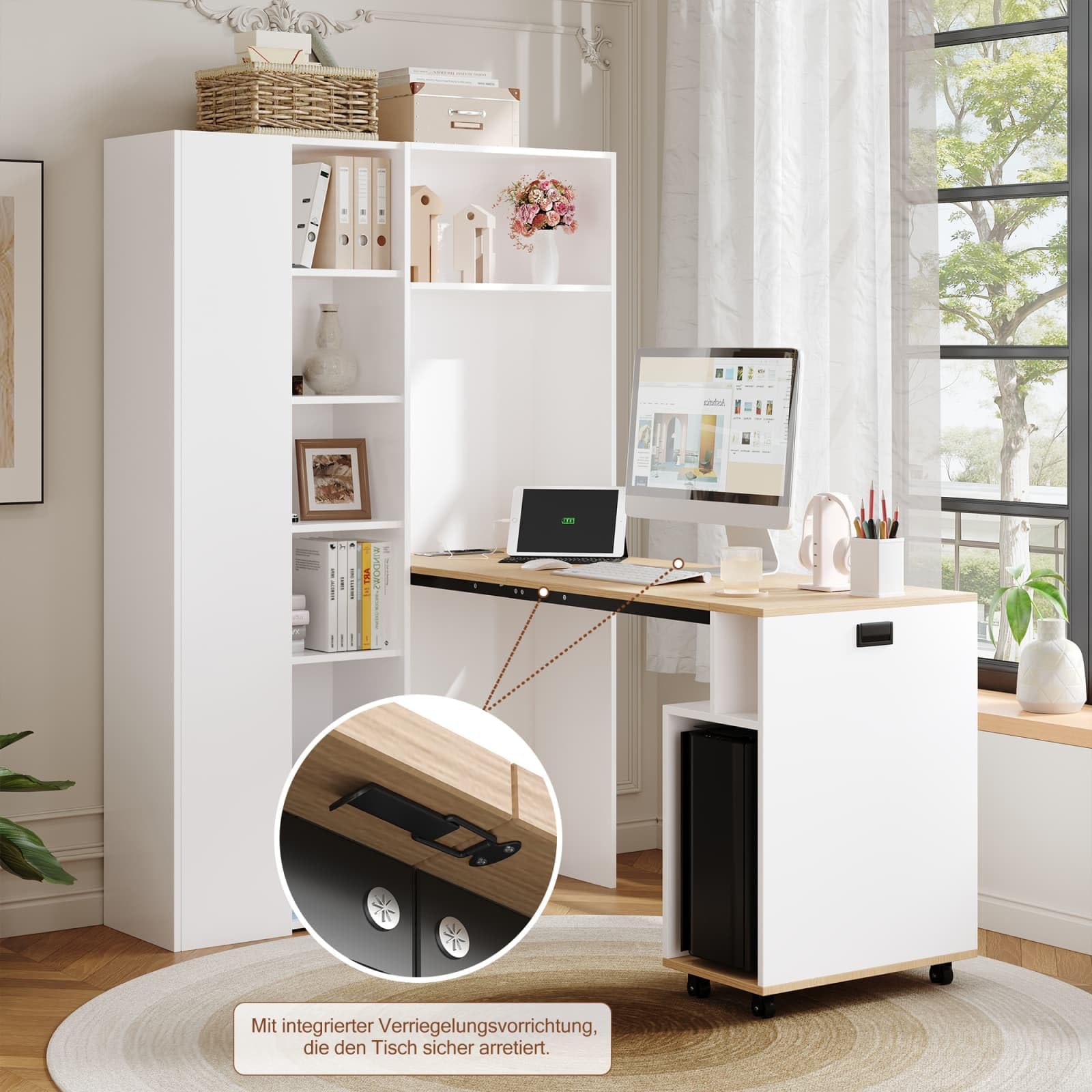 KOMHTOM Escritorio Plegable con Estantería Integrada a la Izquierda Mesa Ordenador Ahorro de Espacio con Enchufe y Puertos USB Blanco (Blanco Brillo - Estantería a la Izquierda)