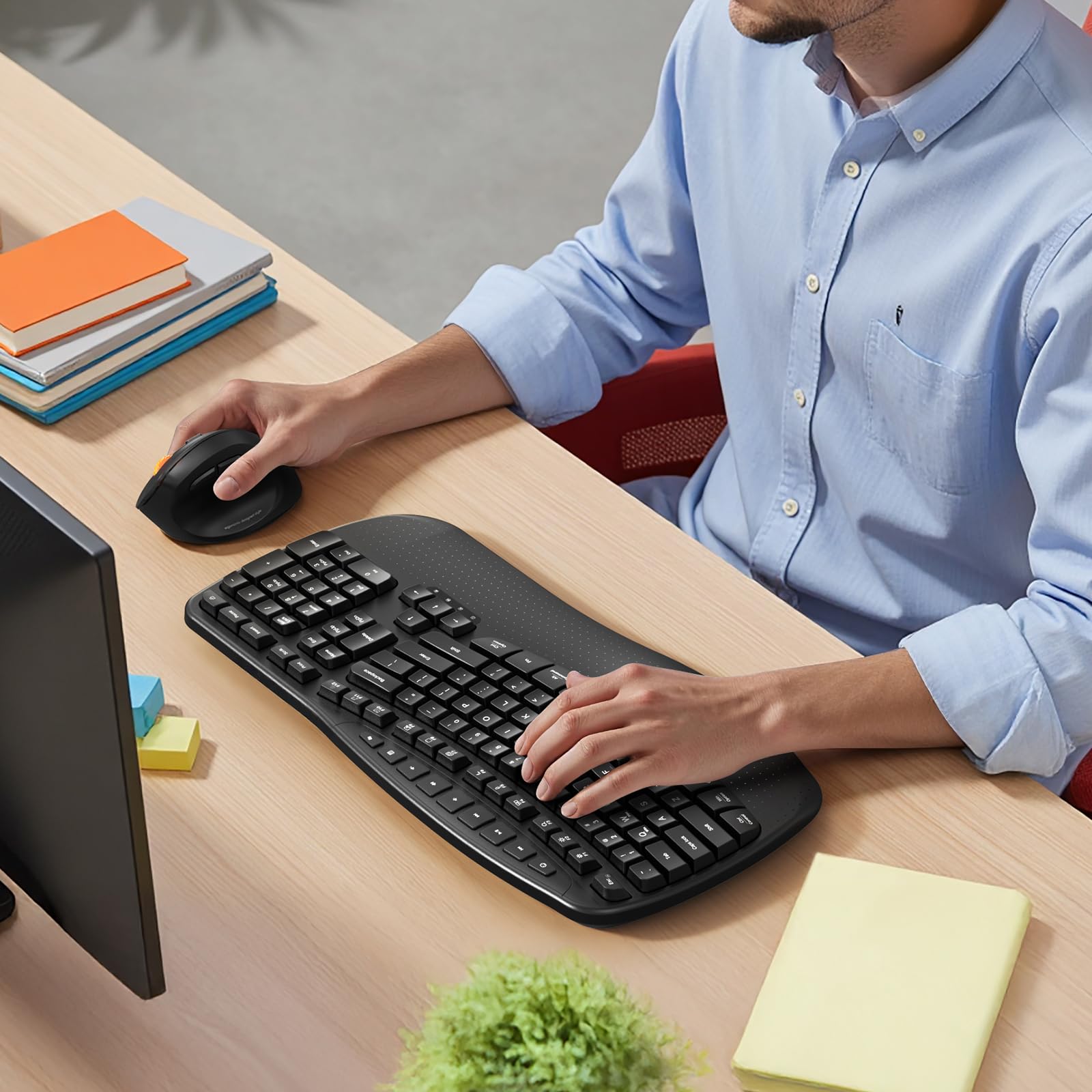 Doci Tastiera ergonomica senza fili, tasti ondulati, tastiera di digitazione naturale, ricevitore cordless USB-A 2.4G e adattatore USB-C, tastiera per computer Ergo, Windows/Mac/PC/laptop, nero
