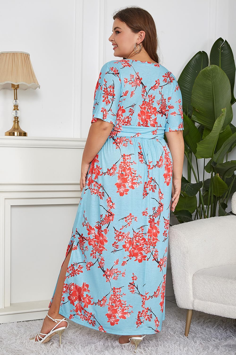 Keluummi Vestido Largo para invitada de Boda de Talla Grande para Mujeres con Curvas, Vestido de cóctel Largo de Verano Casual con Cintura Imperio Floral, Manga 3/4
