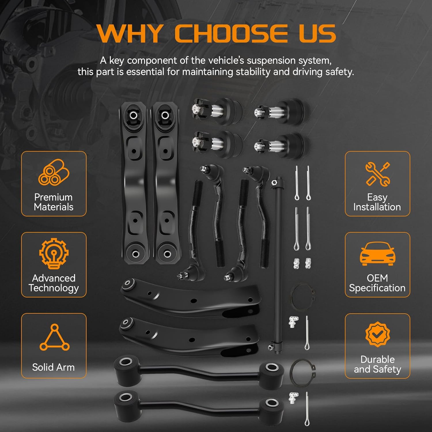 Front Upper and Lower Control Arm kits for Jeep Grand Cherokee 1999 2000 2001 2002 2003 2004 Tie Rod Ends @ Pitman Arm Adjusting Sleeve + Sway Bar End Link - 15pc Set