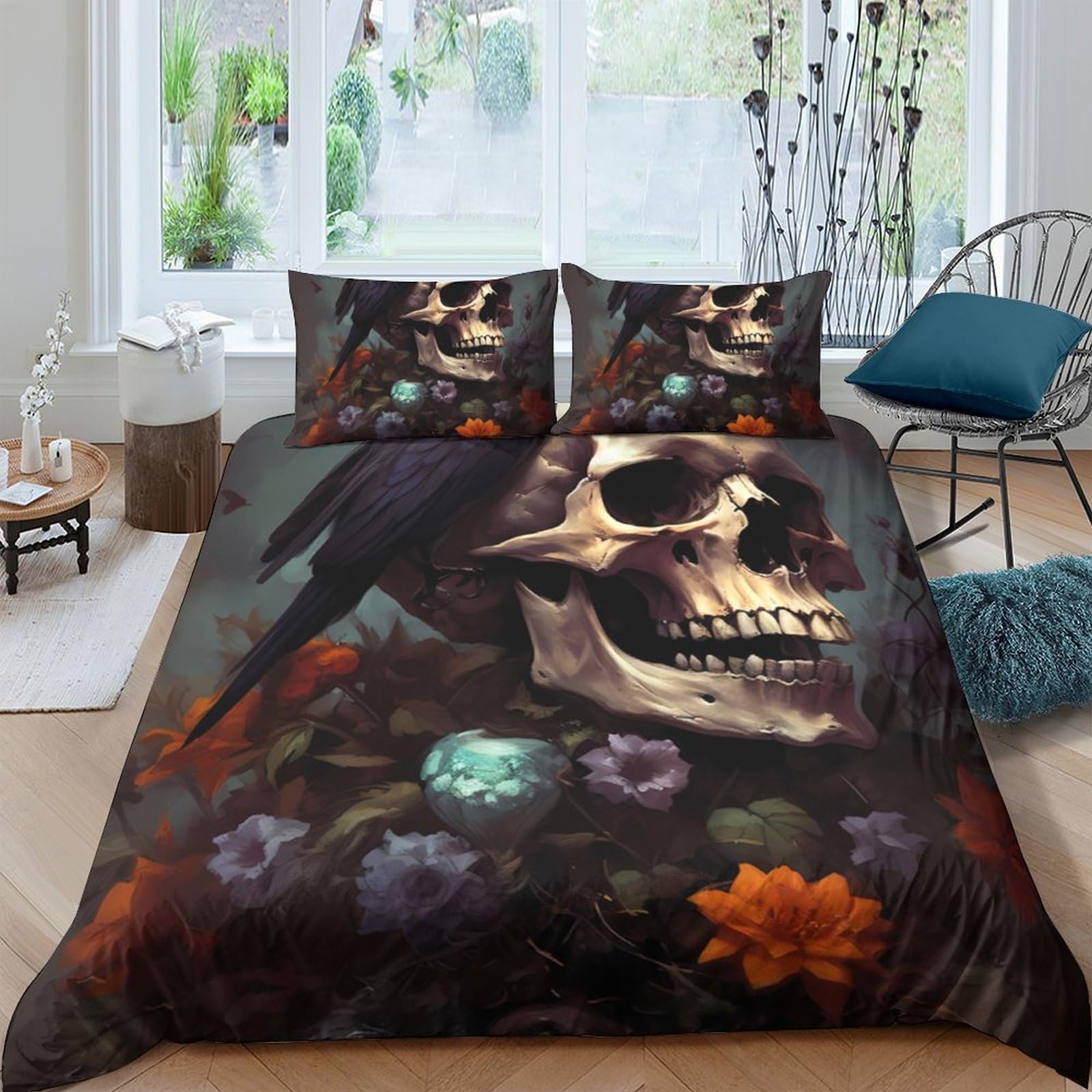 Ctjqhvkz Style-4 3D Printed Skull Raven Fitted Sheet Microfiber Floral Bed Cover Dark Gothic Bedroom Decor Machine Washable Single（135X200cm）
