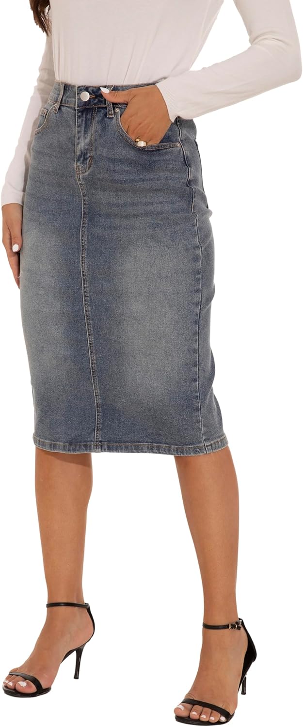 GUANYY Womens Denim Skirt-High Waisted Knee Length Slim Fit Pencil Stretch Jean Skirt - Image 6