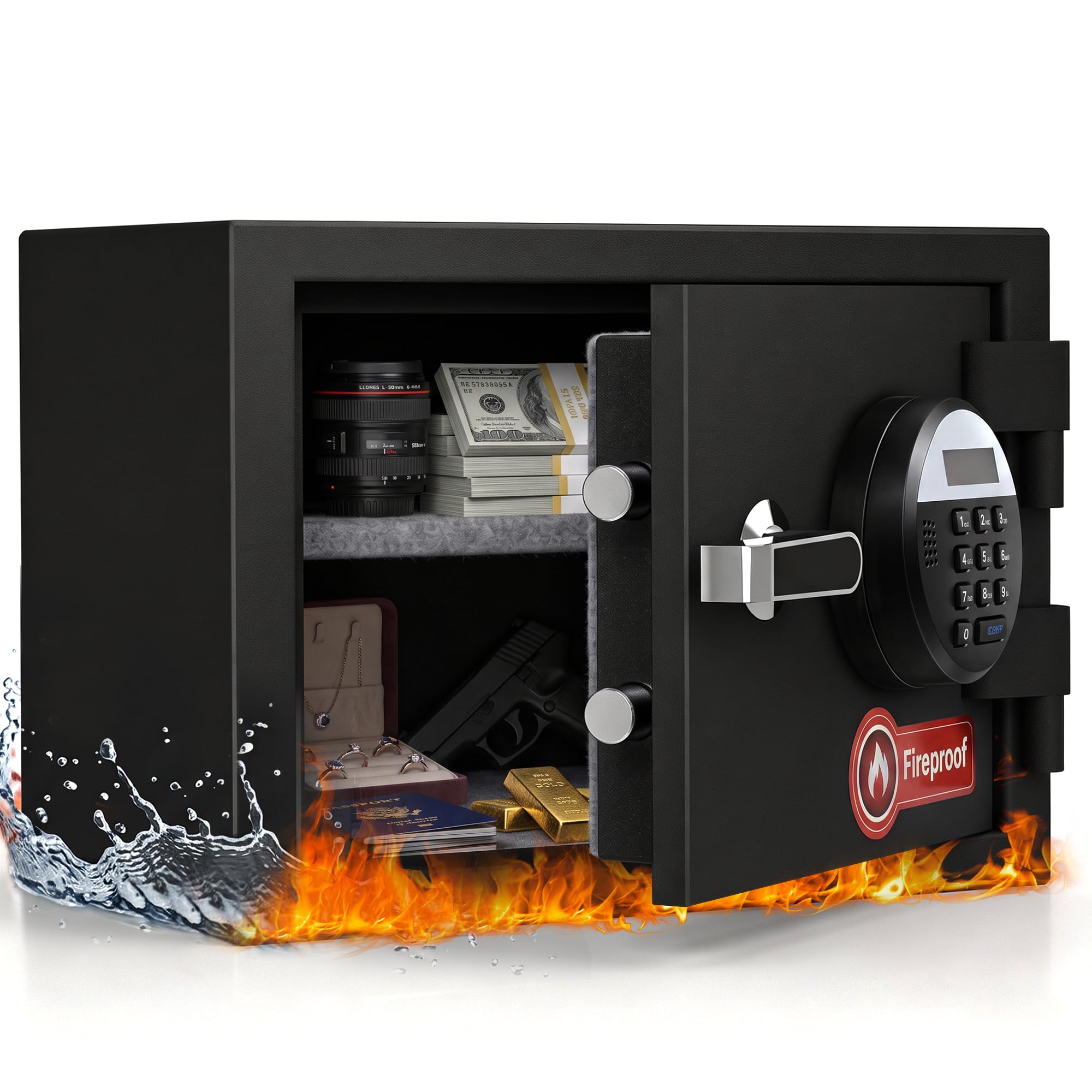 Coffre-fort ignifuge de 0,1 m³, coffre-fort ignifuge pour l'argent, les bijoux, les documents et les objets de valeur avec clavier numérique, système d'alarme, étagère amovible, boîte à documents pour