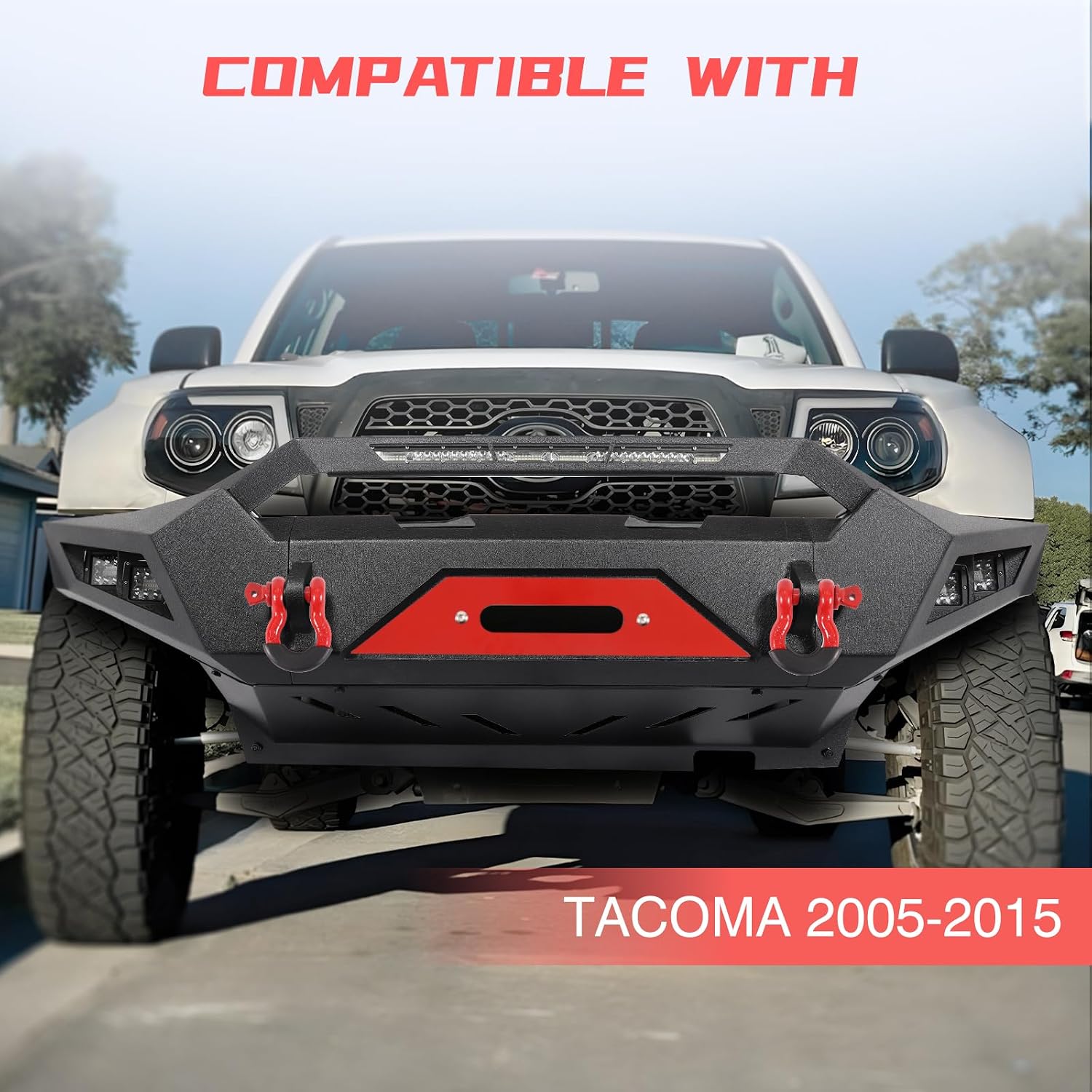 Tacoma Front Bumper Compatible with 2005-2015 Toyota Tacoma 2nd Gen Pickup Truck, Rock Crawler Off-Road Bumper w/Winch Plate & 1x 156W LED Light Bar & 4 x LED Lights & D-Rings, Red Plate is Removable