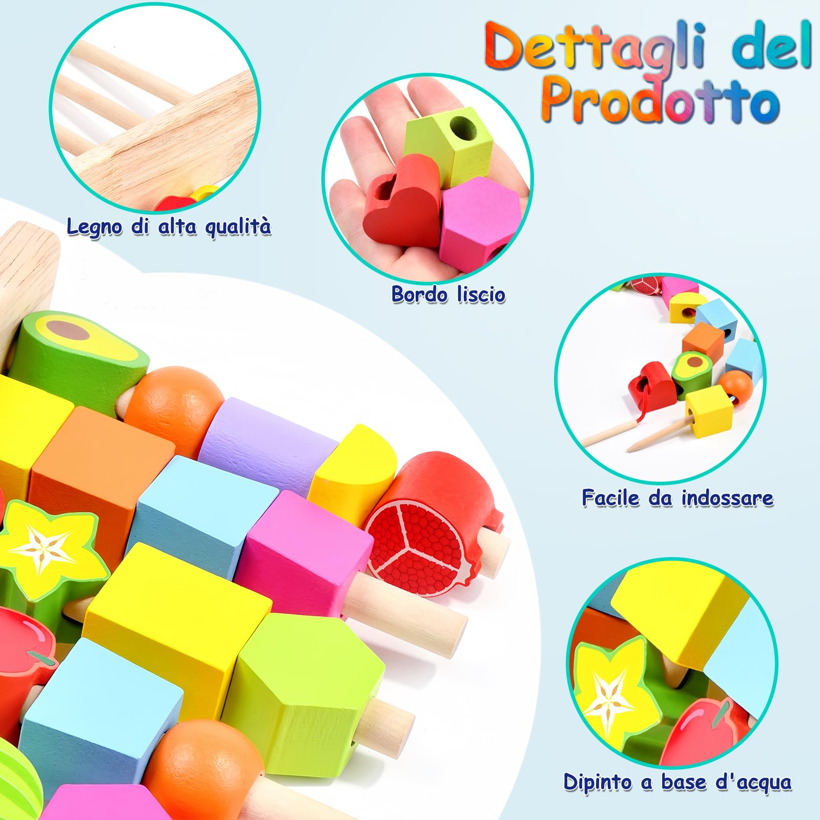 Echehi 2 in 1 Giocattoli Montessori da Infilare per Bambini, Perline da Infilare, Forme da Abbinare, Sviluppo delle Capacità Motorie Fini, Blocchi in Legno da Impilare