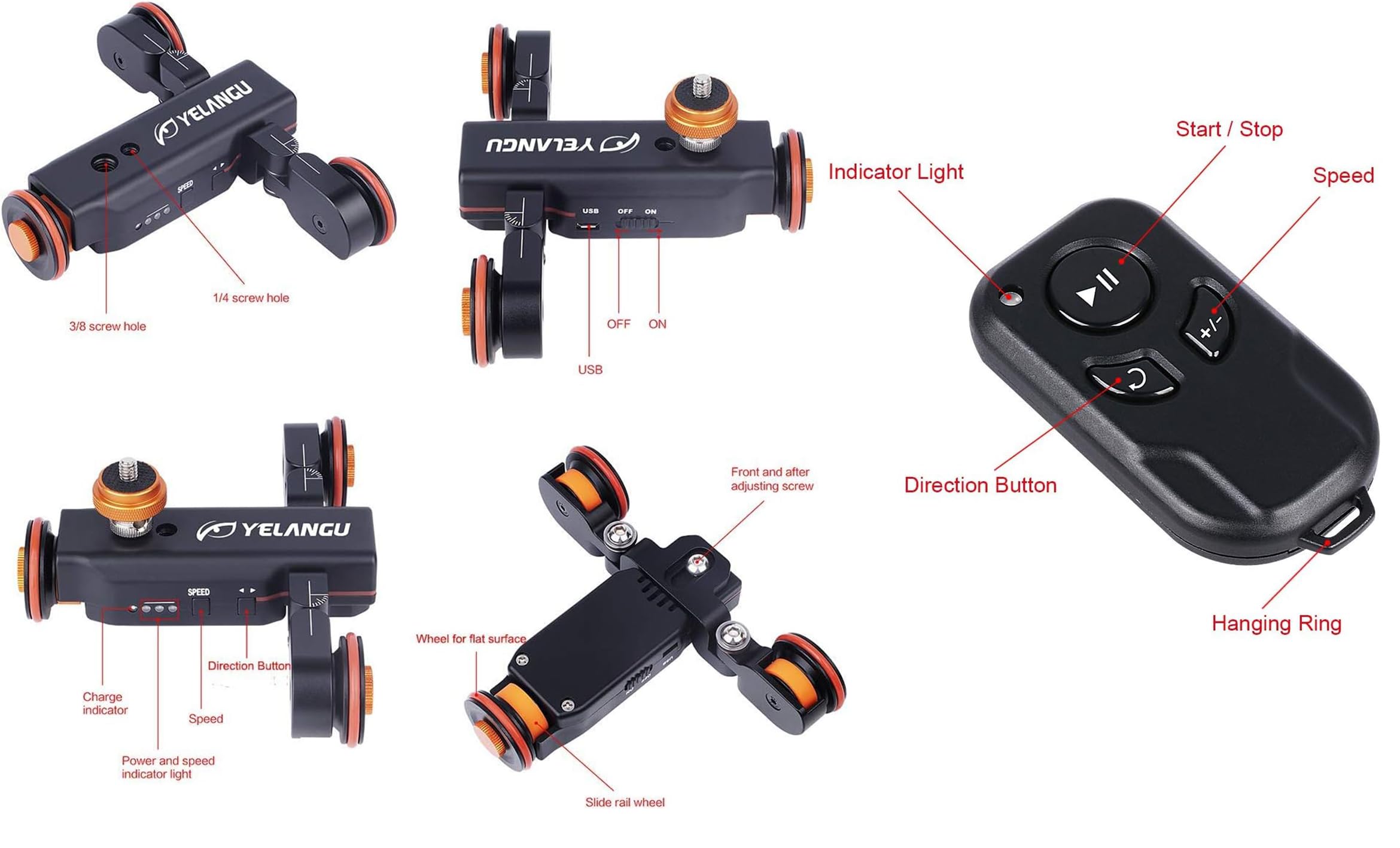 Yelangu Motorisierter elektrischer Schieberegler mit kabelloser Fernbedienung, 3 Geschwindigkeiten, 360 Grad drehbar, für DSLR-Kamera, Video, Camcorder, Smartphone, GoPro