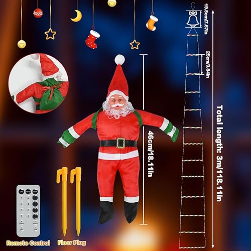 Miniatura 3 de Neragron Luces de escalera de Navidad de 10 pies, 8 modos de luz LED de Navidad con Papá Noel, luces colgantes de escalera de escalada de Papá Noel,