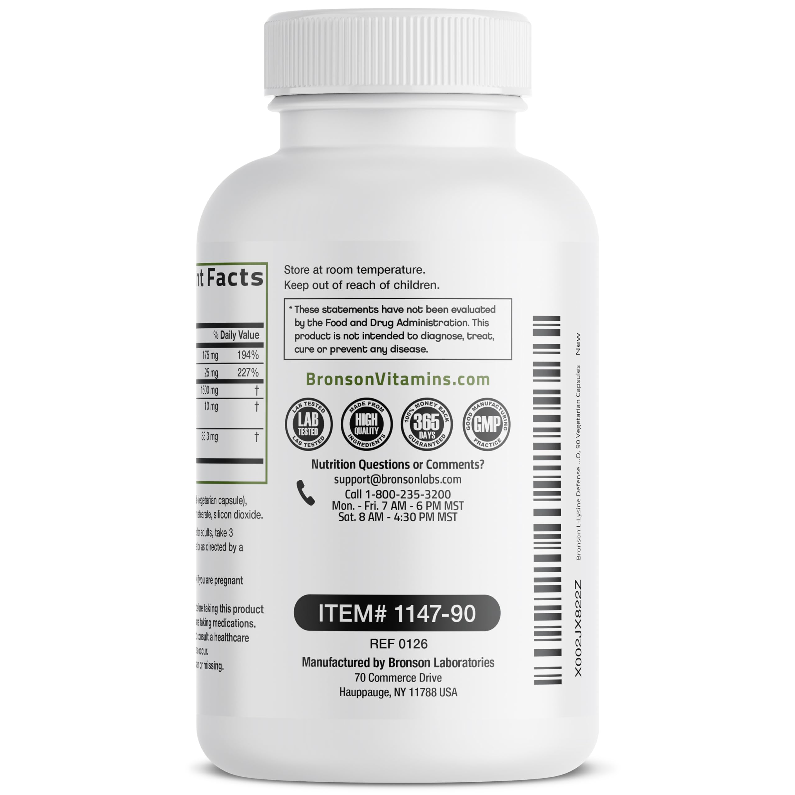 Bronson L-Lysine Defense Immune Support Complex 1500 MG L-Lysine Plus Olive Leaf, Garlic, Vitamin C and Zinc - Non-GMO, 90 Vegetarian Capsules