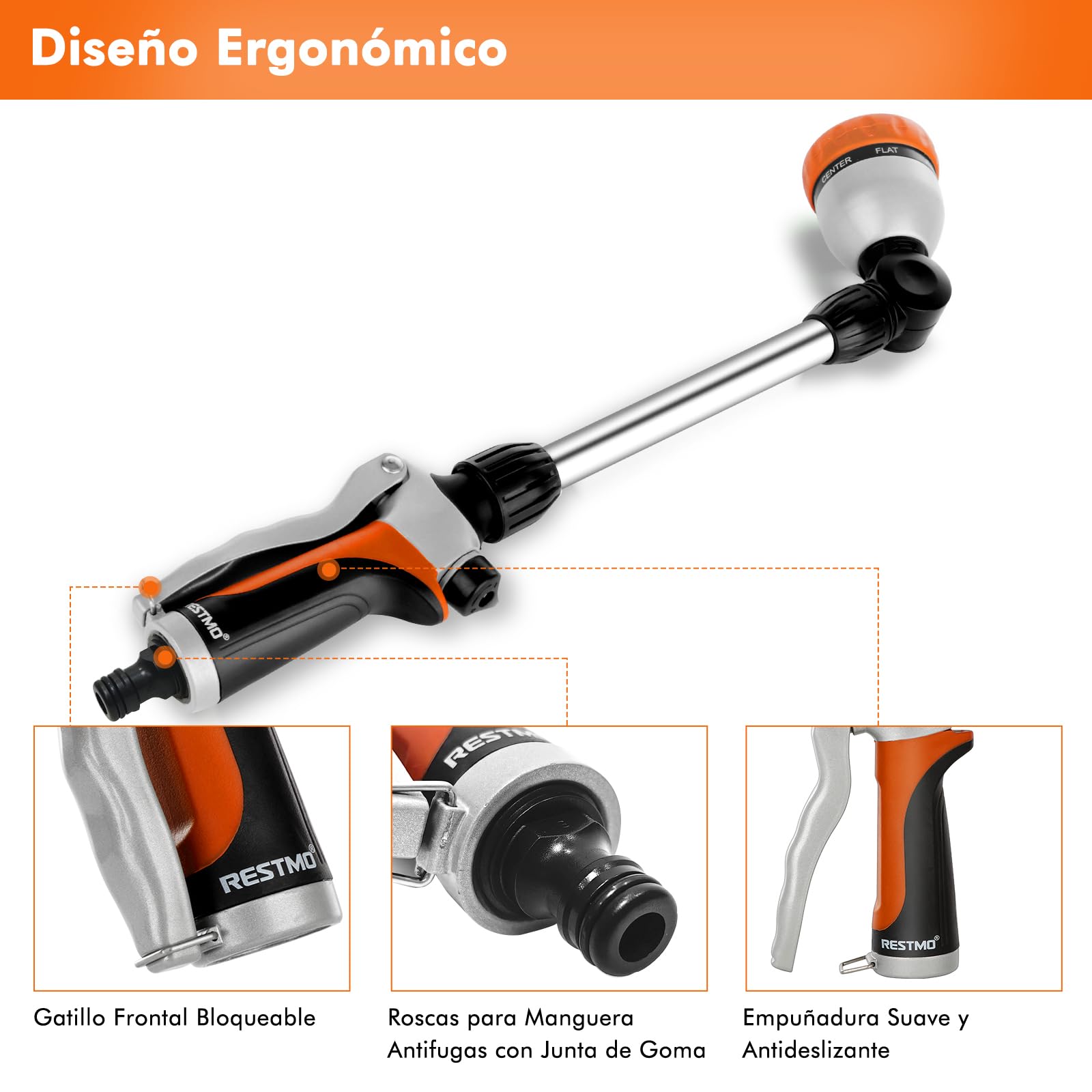RESTMO 42 cm Largo Pistola de Riego de Metal, Lanza de Riego para Jardín, 7 Modos de Pulverización Ajustable, Ideal para Macetas Colgantes y Arbustos, Naranja