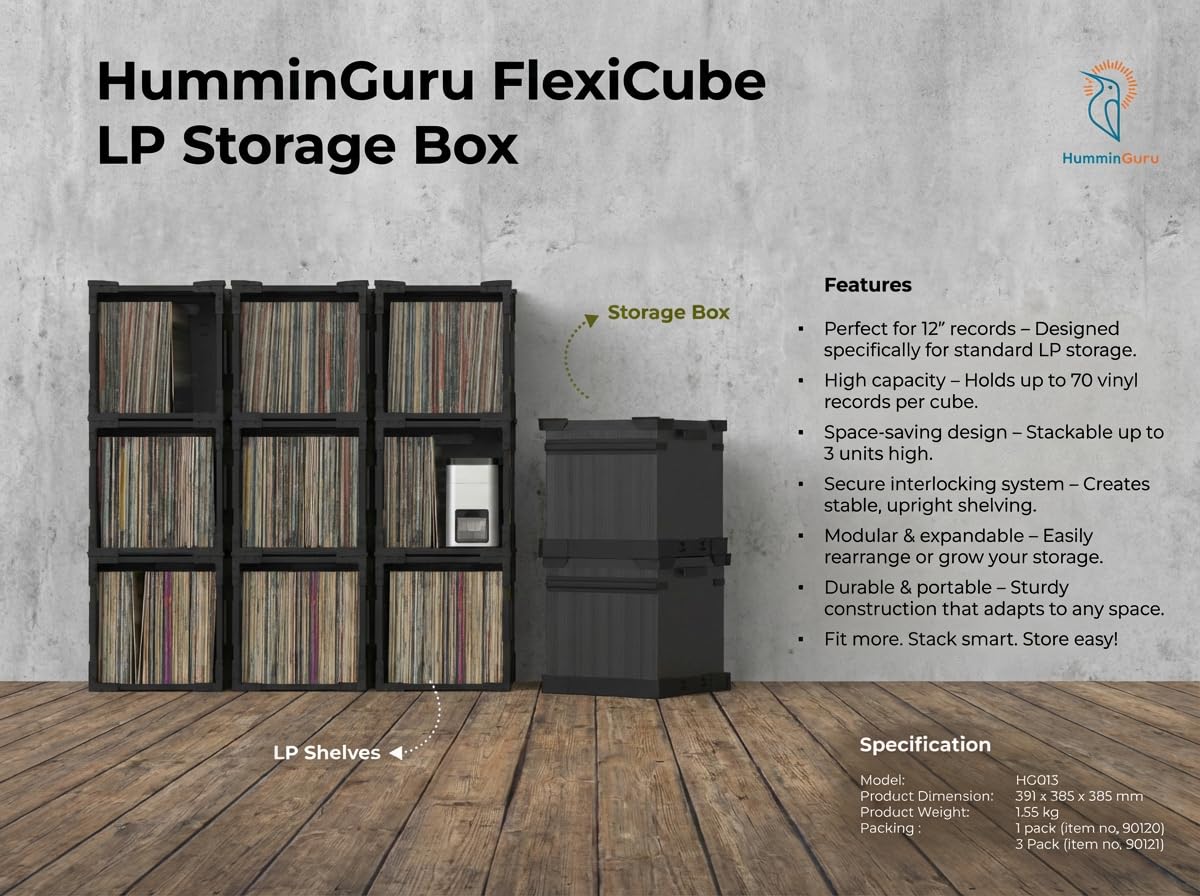 HumminGuru FlexiCube Caja para Guardar Discos de Vinilo Organizador Apilable 12 Pulgadas 70 LP Estante Modular Plegable (3 cubos)