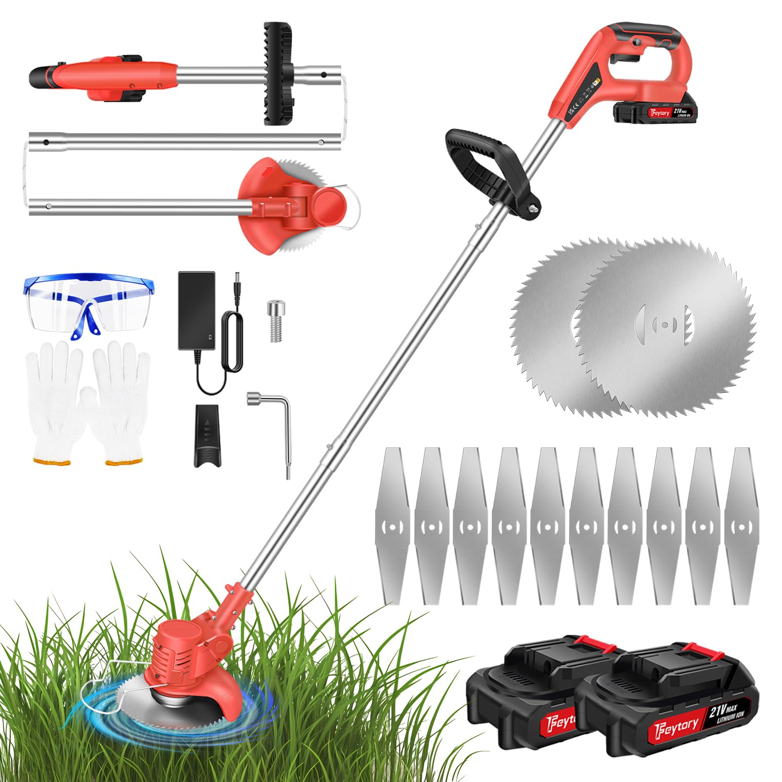 Cordless Grass Trimmer with 2 Batteries 1.5Ah and Charger, 21V Lightweight Electric Grass Trimmer Garden Strimmer with 12 Blades, Brush Cutters for Lawn Care, Weed Control and Garden Maintenance