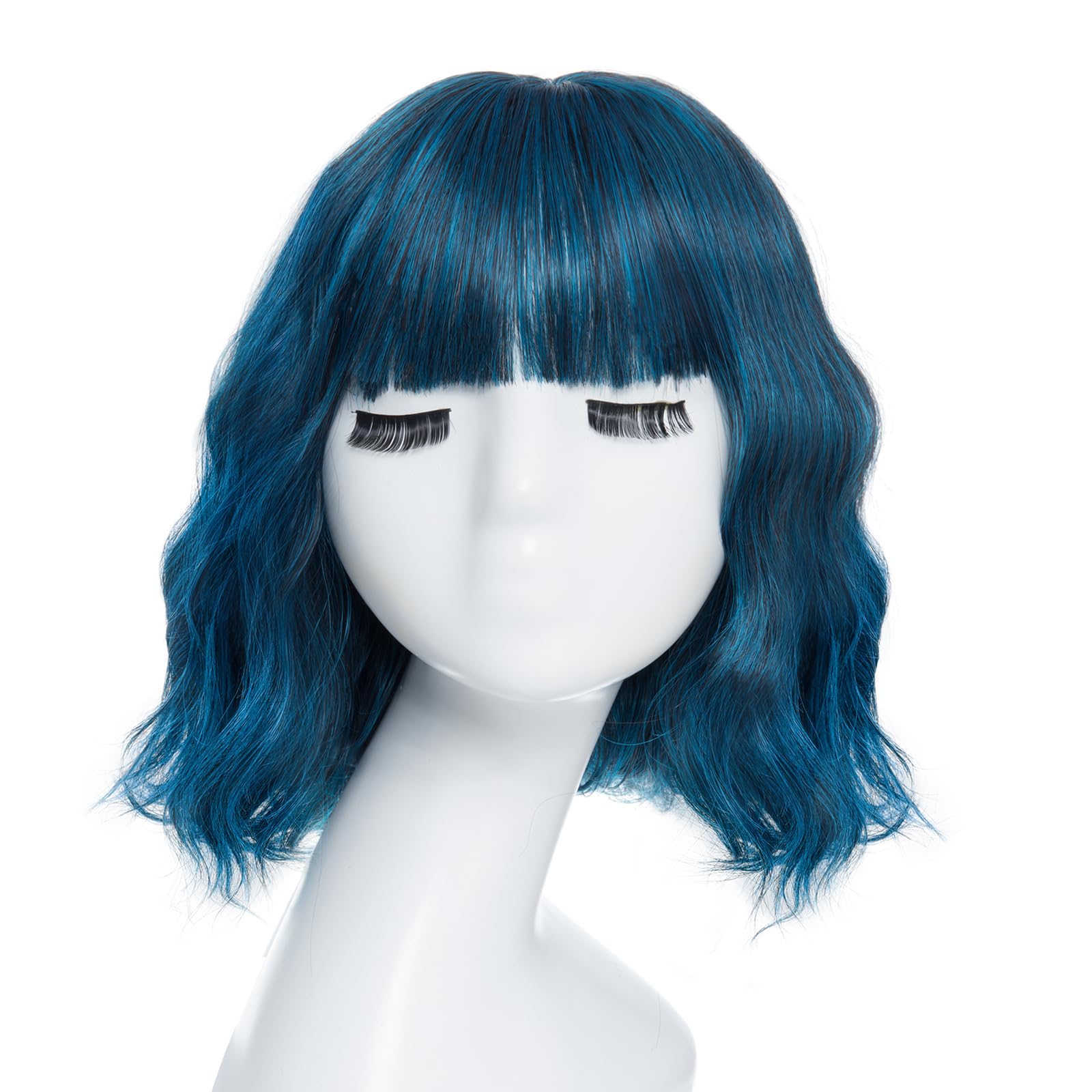 Yamel Short Hair Wigs Bob Wig Short Curly Wig with Bangs Blackish Blue Short Wigs for Women Daily Use Cosplay Wig