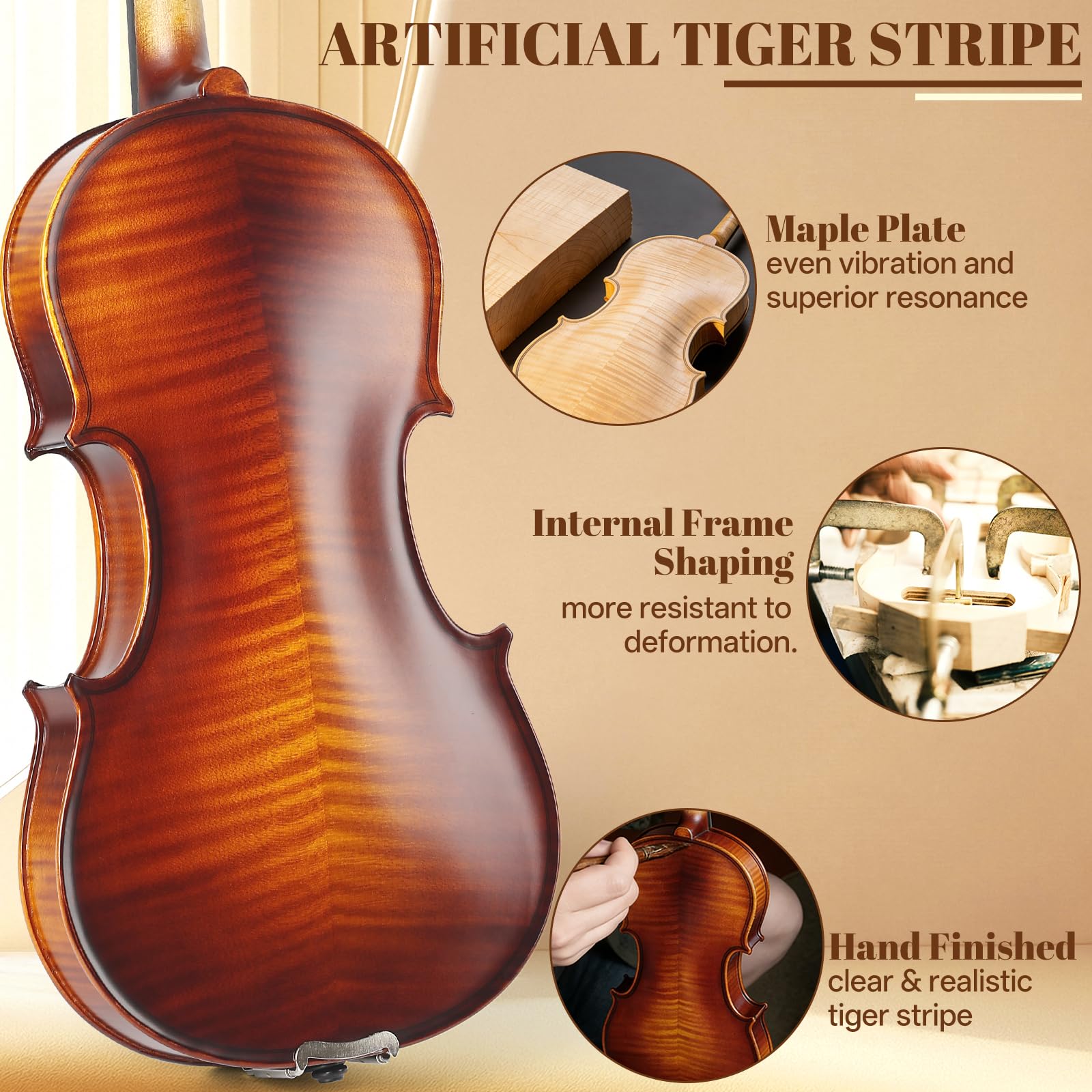 Kmise Violine 4/4 Full Size Starter Kit für Schüler Anfänger Erwachsene Tiger Flame Akustisches Geigen-Set mit Hartschalenkoffer, Bogen, Kolophonium, extra Saiten, Schulterstütze, Guide & Chart