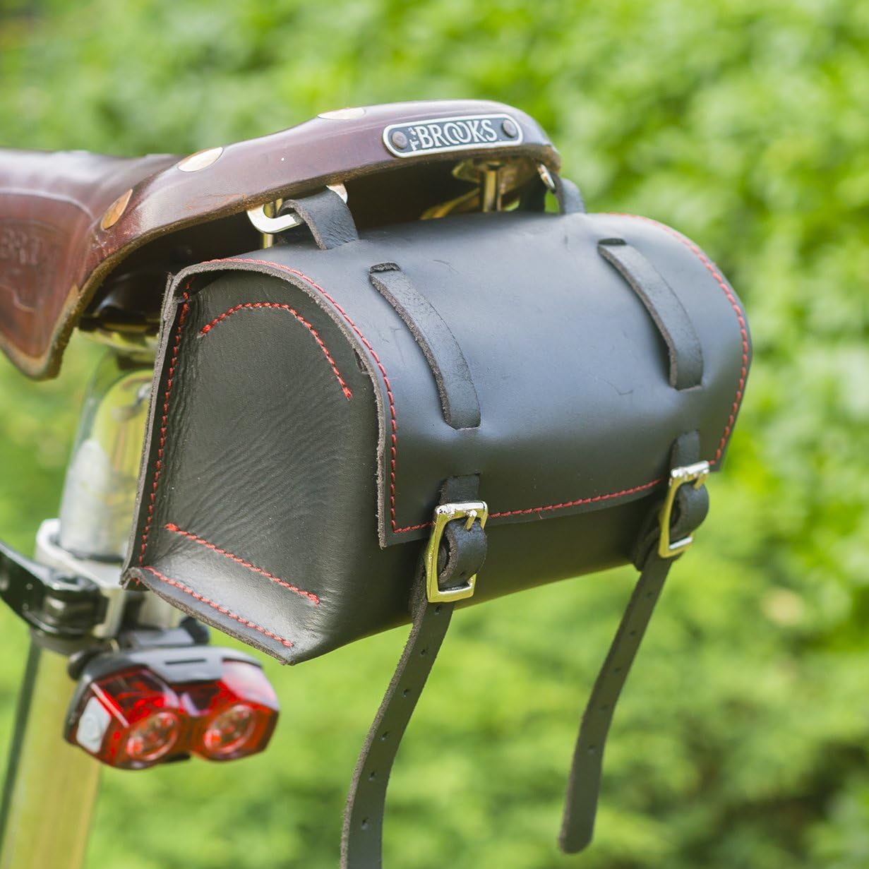 Classic Square Saddle/Handlebar Bicycle Bag Genuine Leather Black Red Stitching for Bike Tools Box-BL/RED