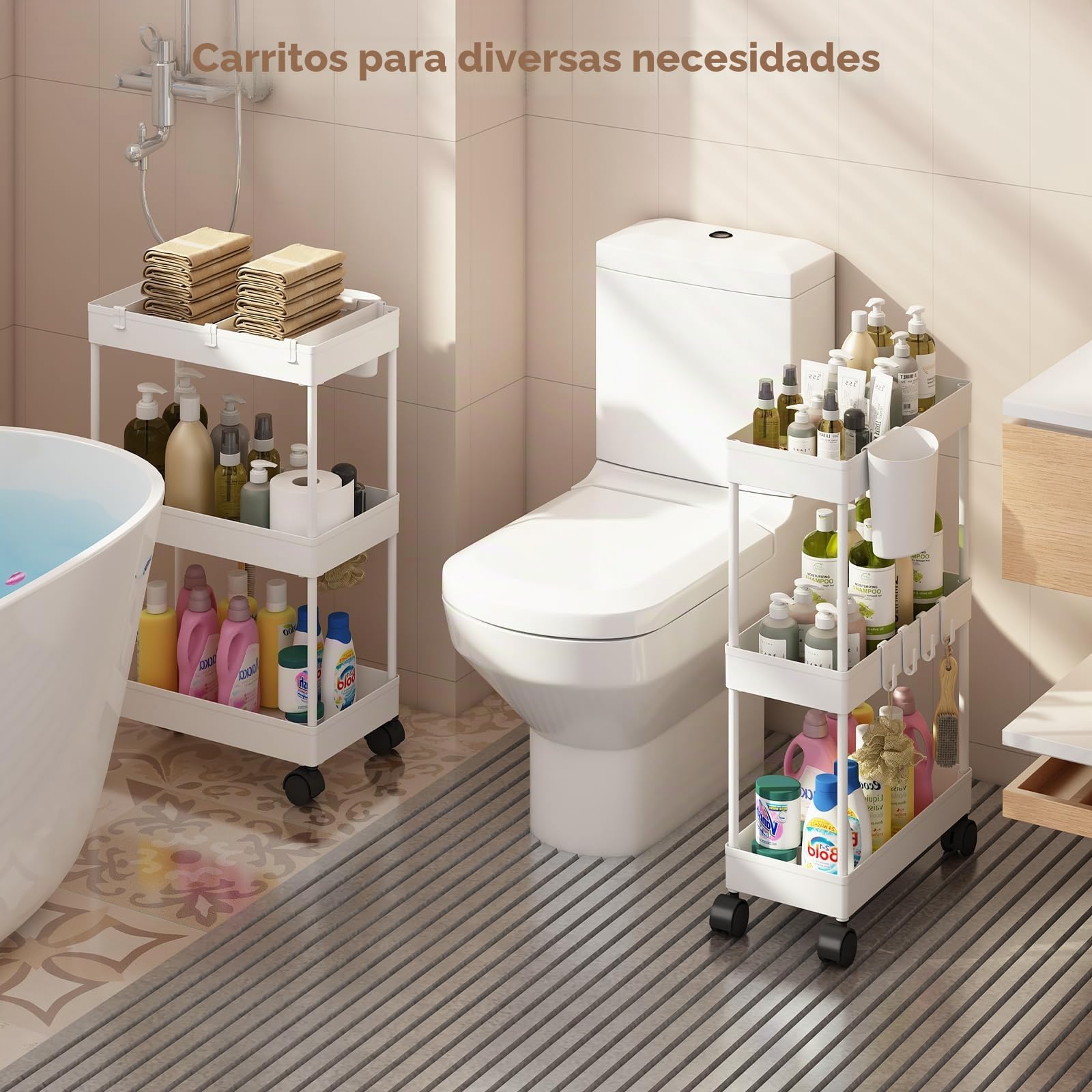 Pack of 3 Carrito Auxiliar Baño con Ruedas 3 Niveles Ahorro de Espacio Carro Organizador con Ganchos y Tazas de Cocina Oficina (Blanco)