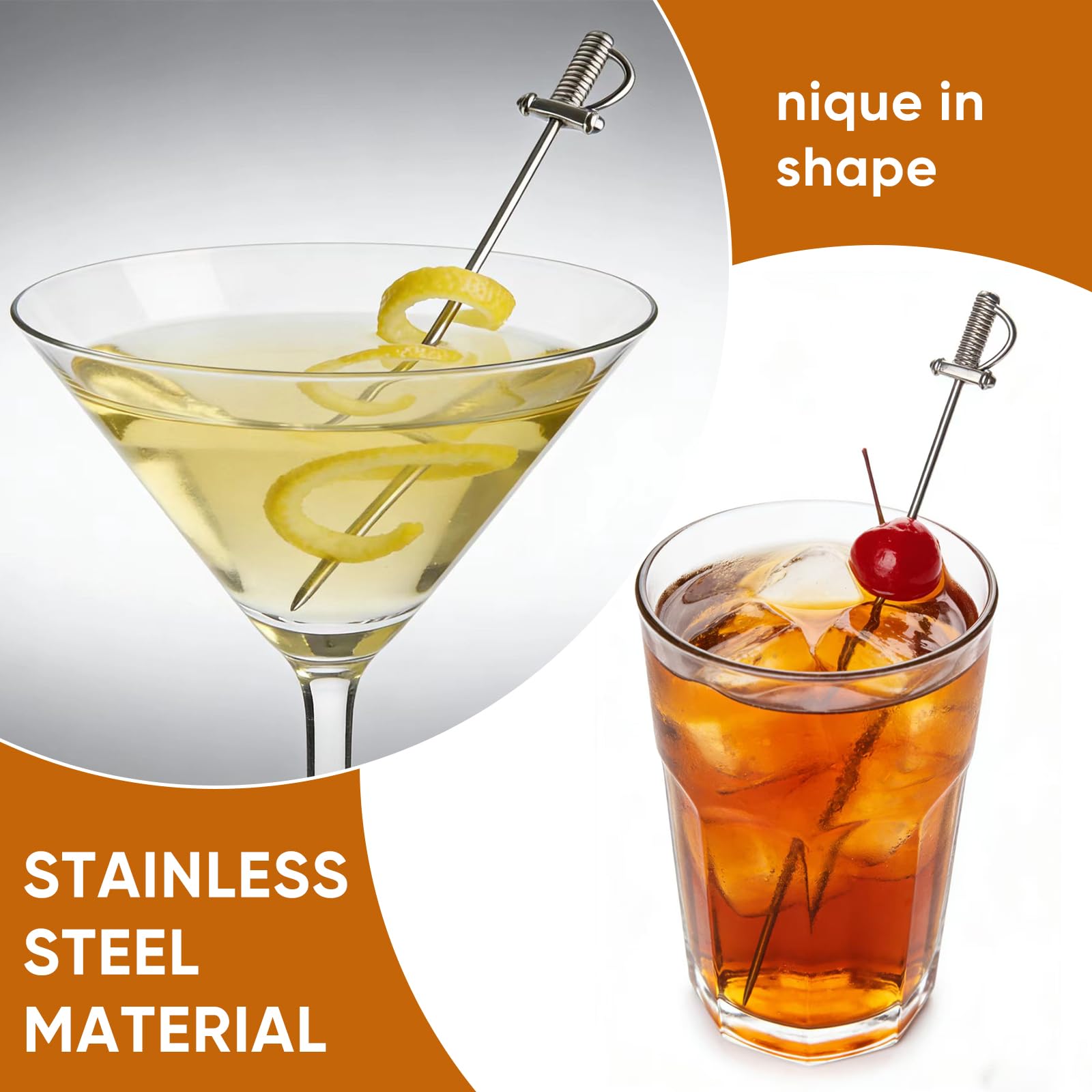 Bastoncini da cocktail in acciaio inox, 5 bastoncini da cocktail retrò, spiedini di oliva Martini, stecchino per bevande per bar e uso domestico, stuzzicadenti durevoli per antipasti, contorni e
