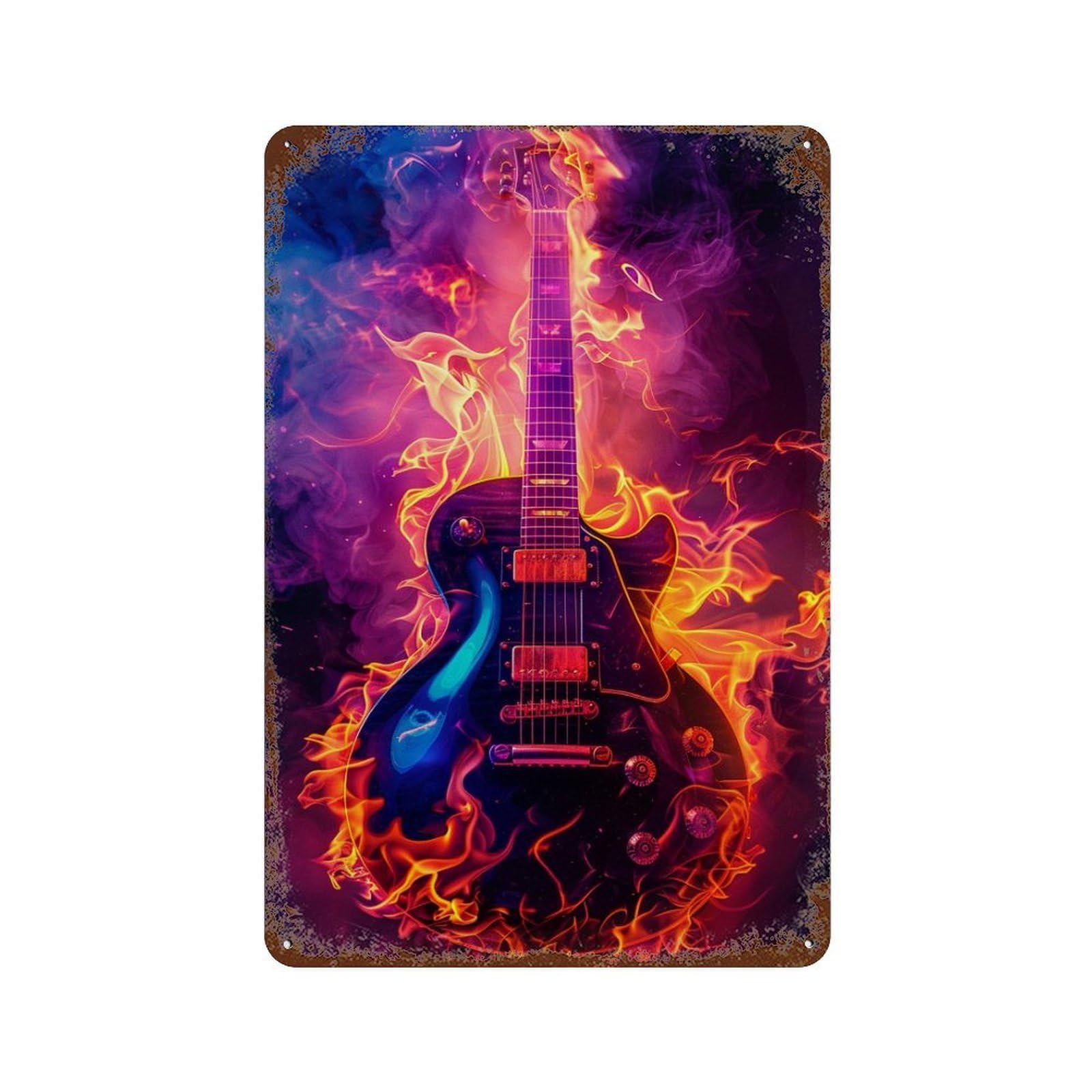 Electric Guitar with Flames Weathered Tin Sign 11.8"x7.9", Retro Wall Decor for Pub, Kitchen And Man Cave Decor