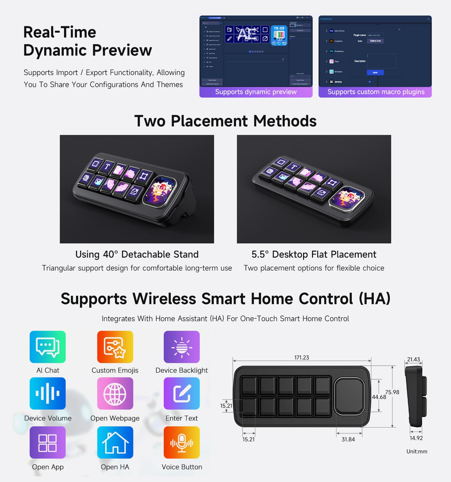 Waveshare MK10 Multi-Functional AI Voice Control Panel, Onboard 10x0.85inch Mechanical LCD Macro Keys and A 2.01inch Secondary Screen, Supports Linux + QMK Dual-System Architecture, Black