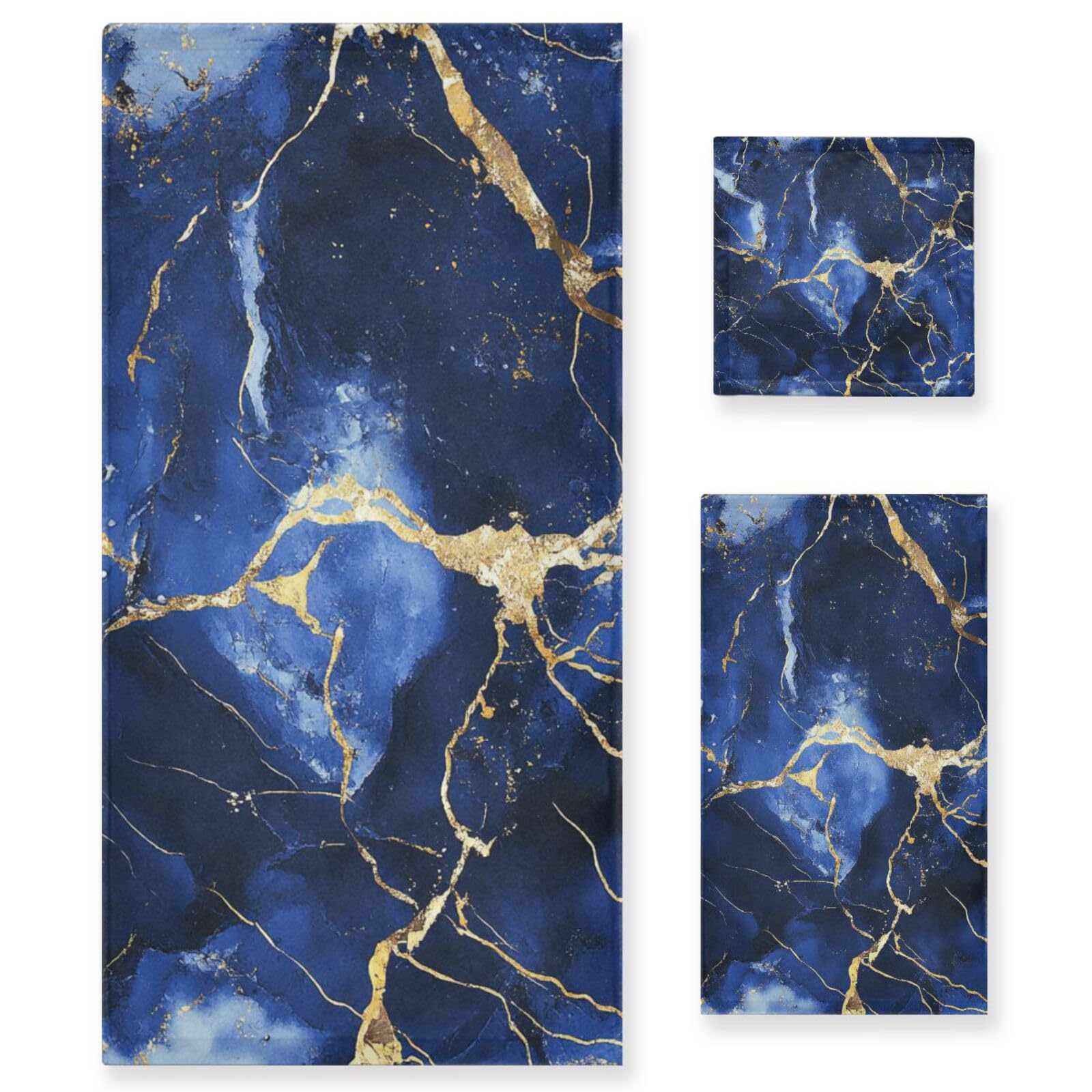 Set di 3 asciugamani per il viso morbidi con texture marmorizzata blu oro irregolare, 1 asciugamano da bagno, 1 asciugamano per le mani, 1 panno per la casa, cucina e famiglia