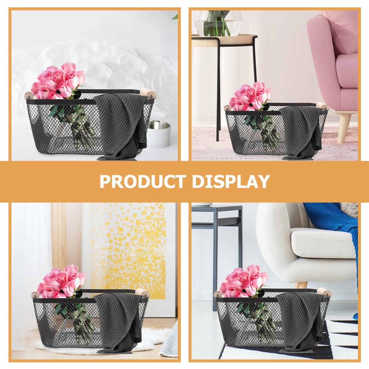 Cesta de Alambre Metálica Negra Mediana Asa de Madera, Cesta Rectangular para Almacenamiento en Baño y Estantes, Organizador Resistente y Decorativo Estilo Nórdico