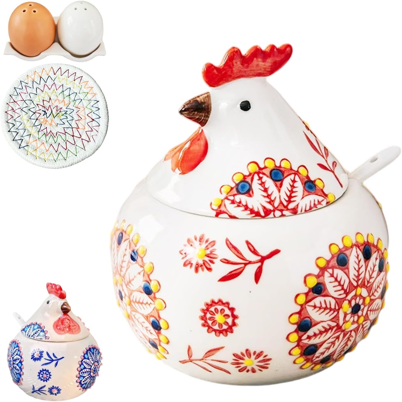 Ceramic Salt Cellars with Lid and Spoon 13-Ounce Home Kitchen Moisture-resistant Storage Container for Spice Storage, Salt Sugar or Pepper Kitchen Countertop Reusable Ceramic Container (Red)