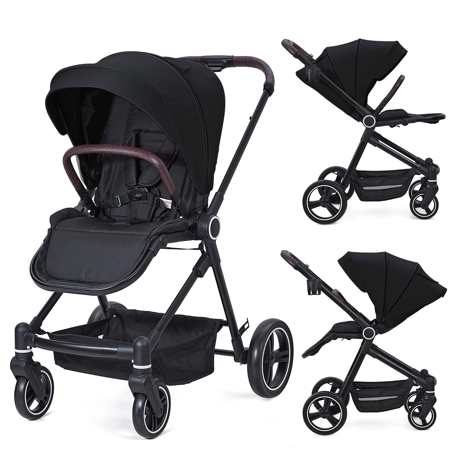 2-in-1 Baby Stroller Reversible Stroller, Bassinet with One-Hand Fold for Easy Access Stroller with Recliner and Extra Large Canopy - Black