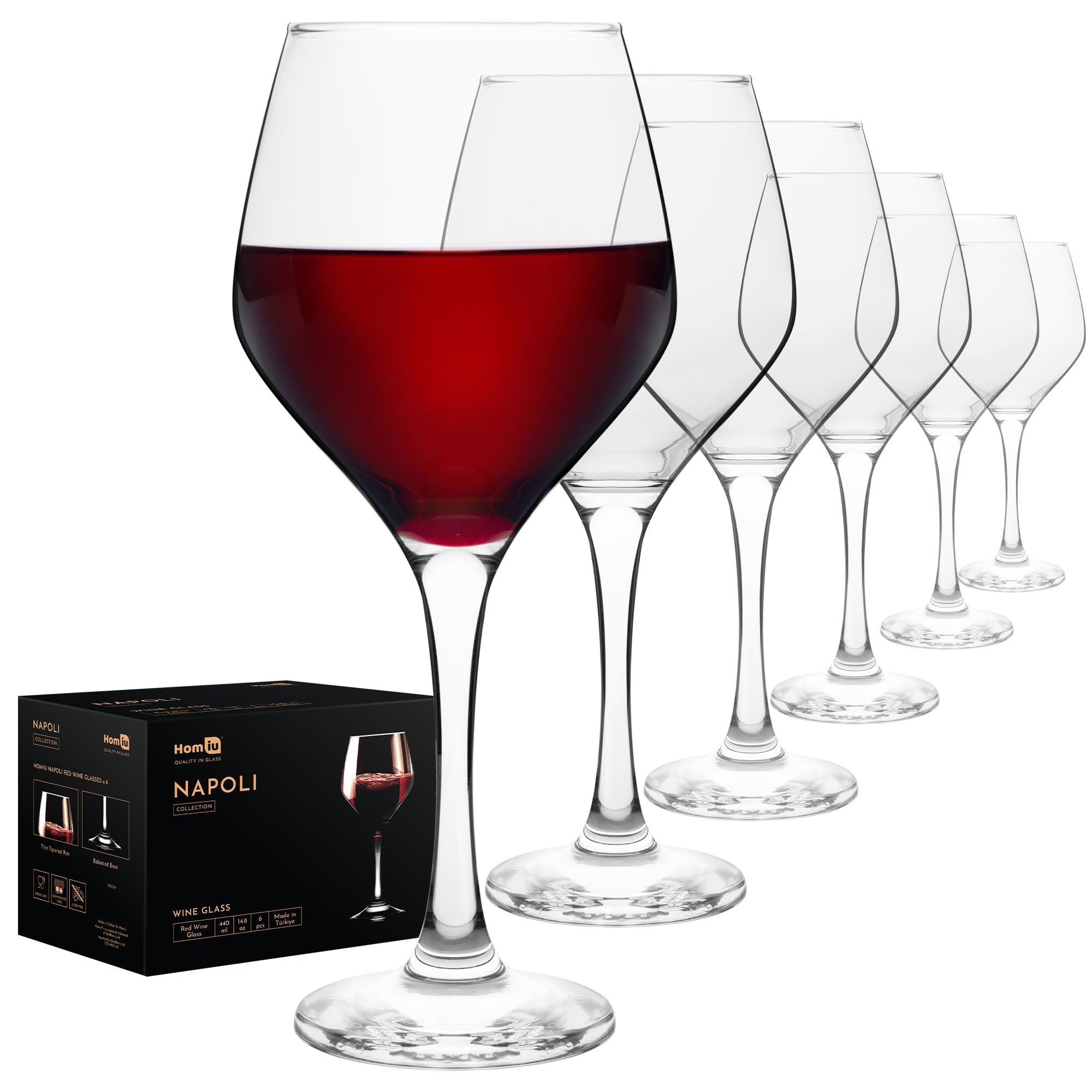 Homiu Copas grandes de vino tinto | Juego de 6 | 440 ml | Colección Napoli | Copa de vino transparente | Juego de cóctel de regalo de boda | Restaurantes en el hogar | Cocina | Apto para lavavajillas