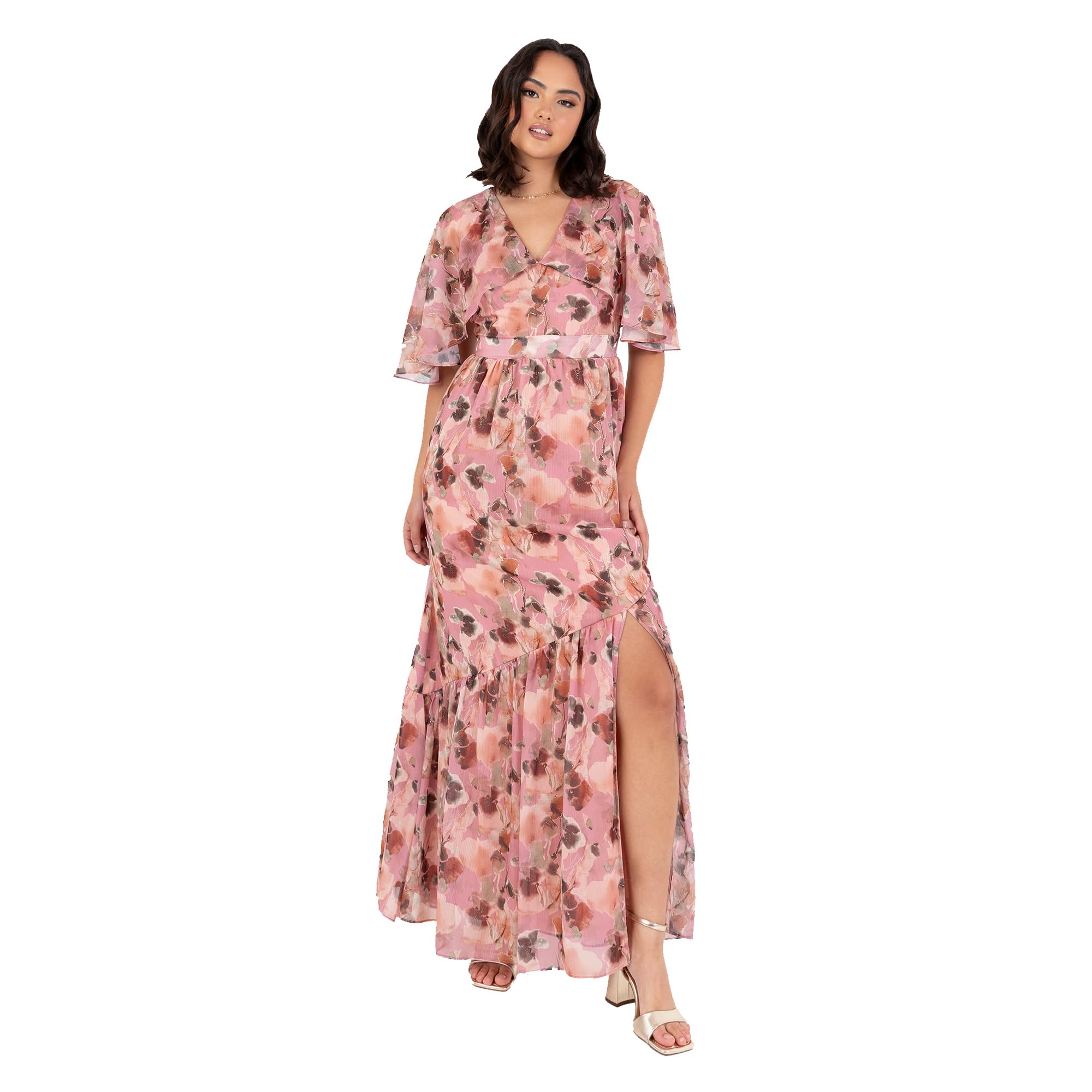 Lovedrobe Women's Maxi Dress Ladies Cape Sleeve V-Neck Ruffle Bow Tie Belt Asymmetric Seam Floral A-Line Wedding Guest Occasion Vestito, Blush Pink, 46 Donna