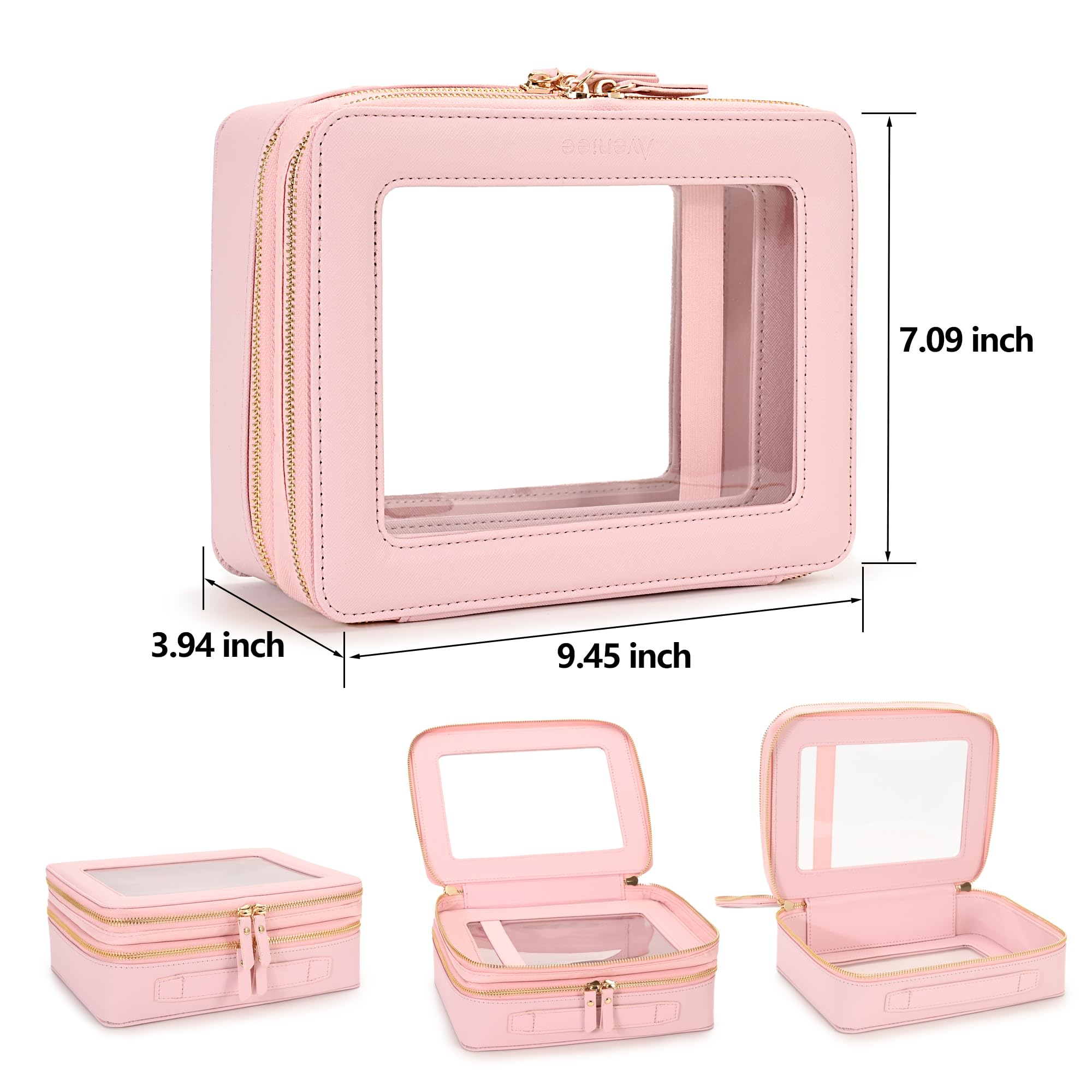 Aveniee Beauty case trasparente piccola, mini beauty case da viaggio organizer per cosmetici, approvato dalla TSA, custodia trasparente con cerniera, essenziale per auto per donne e uomini, Rosa