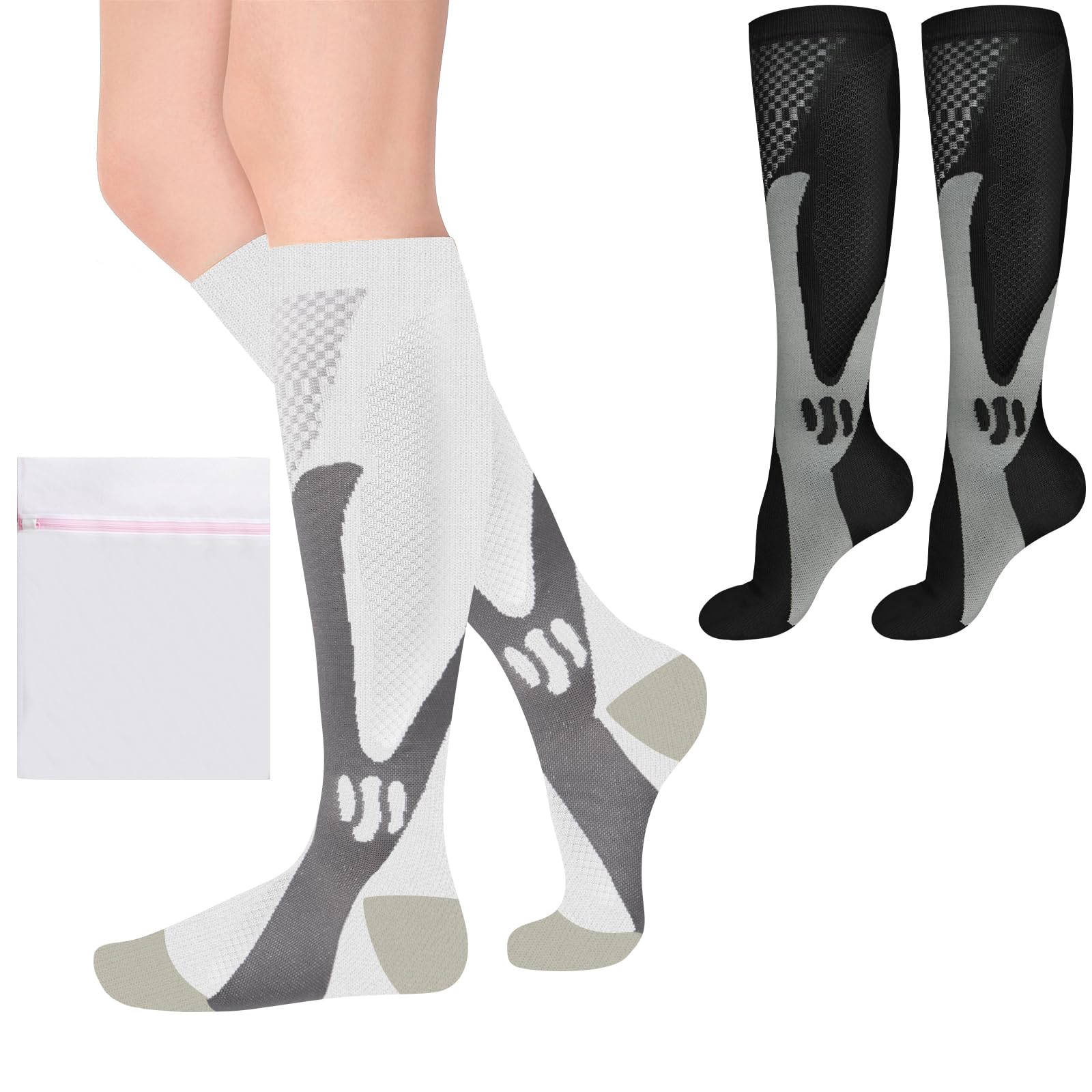 ACWOO Kompressionsstrümpfe Damen und Herren, 2 Paare Kompressionssocken Medizinisch Kompressionsstrümpfe 20-30 mmhg, Thrombosestrümpfe für Sport, Outdoor (S/M, Schwarz/Weiß)