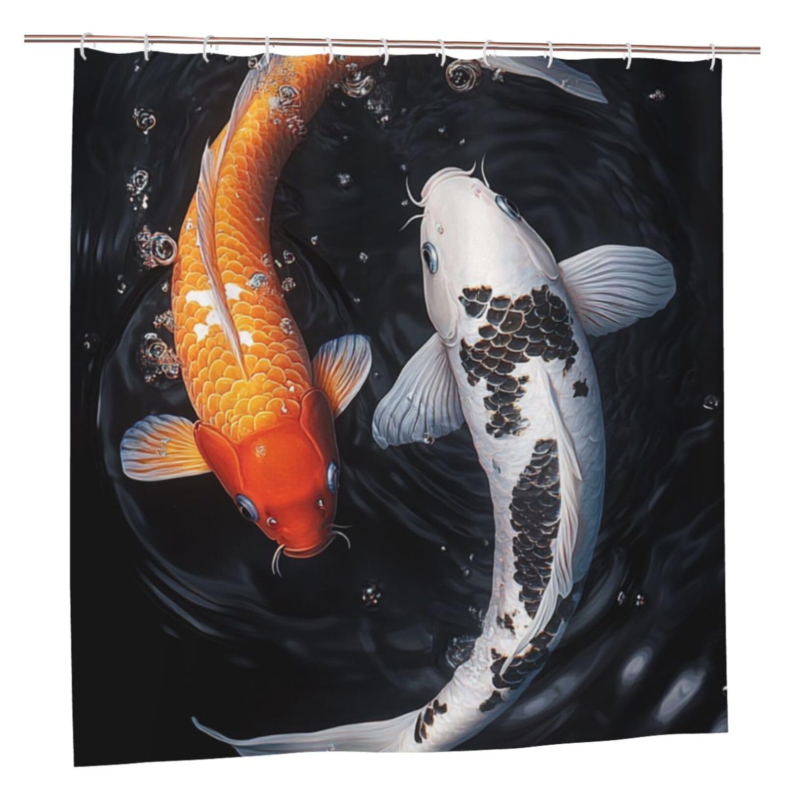 Cortina de ducha japonesa con diseño de pez koi, tela impermeable con 12 ganchos, 72 x 72 pulgadas, lavable a máquina
