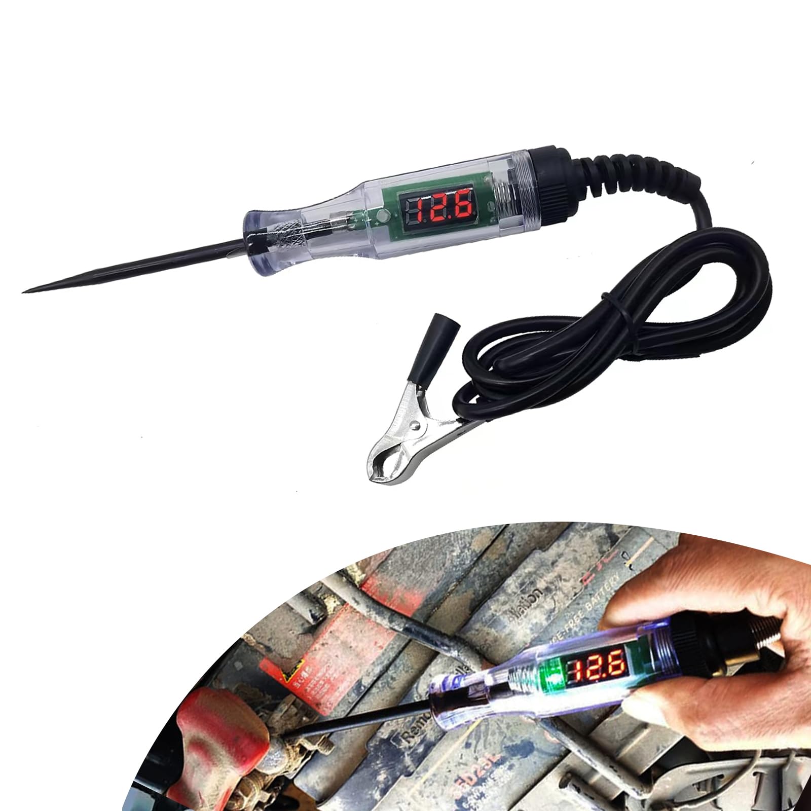 1 PC Car Circuit Test Pen, 3V-70V DC Car Circuit LED Display Induction Tester, Bidirectional Voltage Tester Probe and Clip with 3.9Ft Extended Spring Wire, Universal for Most Car (Black)