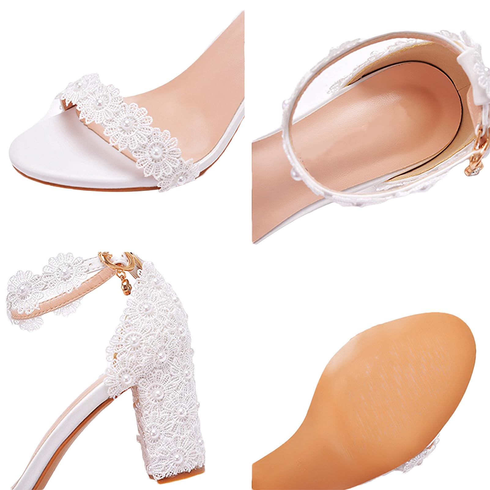 Donna Elegante Tacco a Blocco Sandali con Cinturino alla Caviglia Pizzo Perle Scarpe da Sposa