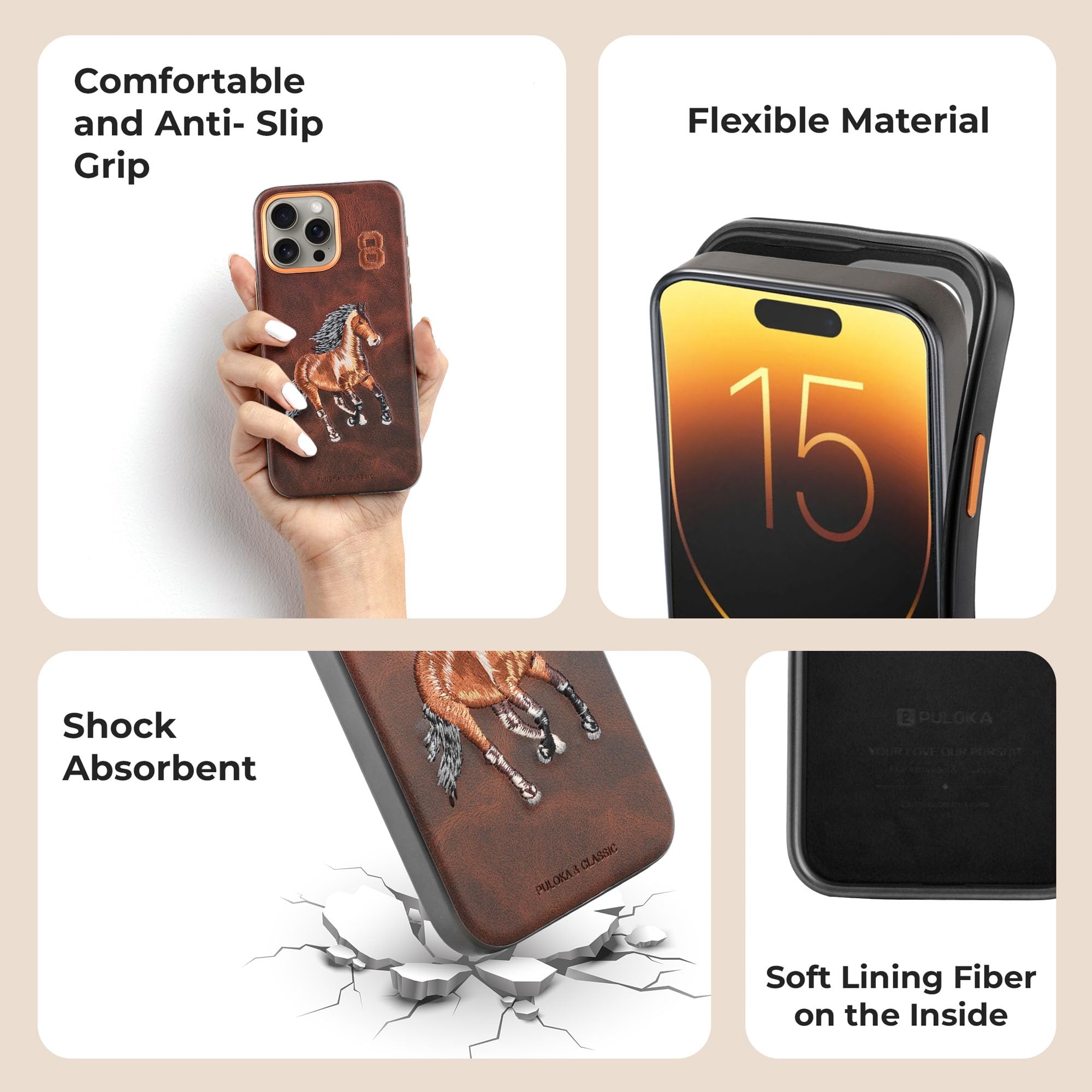 PULOKA - Mobile Cover for iPhone 15 PRO - Horse Embroidery - Sleek & Stylish - Protective & Anti Scratch Phone Cover Vegan Leather Back Case - Men & Women - Santa Barbara Polo (Brown) 2