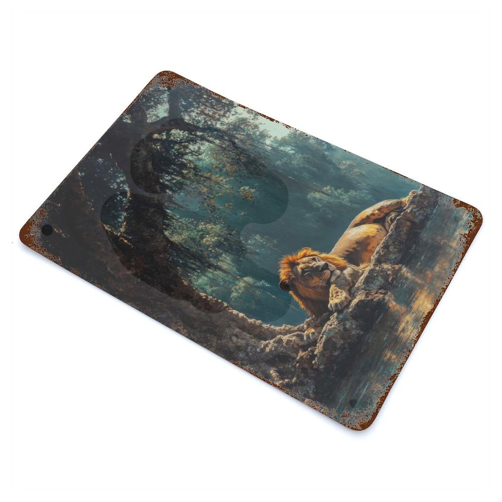 Lion Resting by Water Rusty Metal Tin Sign 11.8"x7.9", Ideal for Farmhouse, Kitchen And Entryway Decor