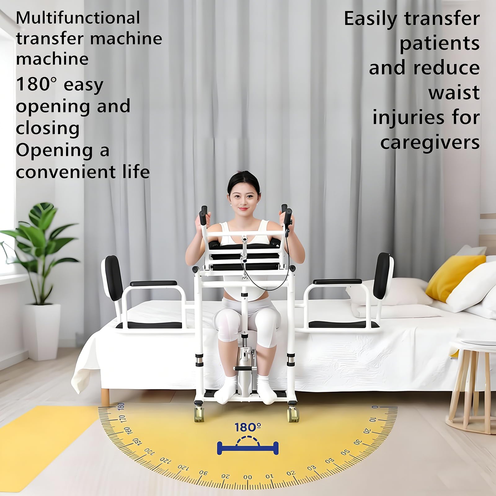 Silla de Transferencia elevadora 5 en 1 para Pacientes Ancianos y Uso doméstico, portátil, con reposapiés de Altura Ajustable, Elevador hidráulico, abatible 180°, soporta hasta 200 kg Orange