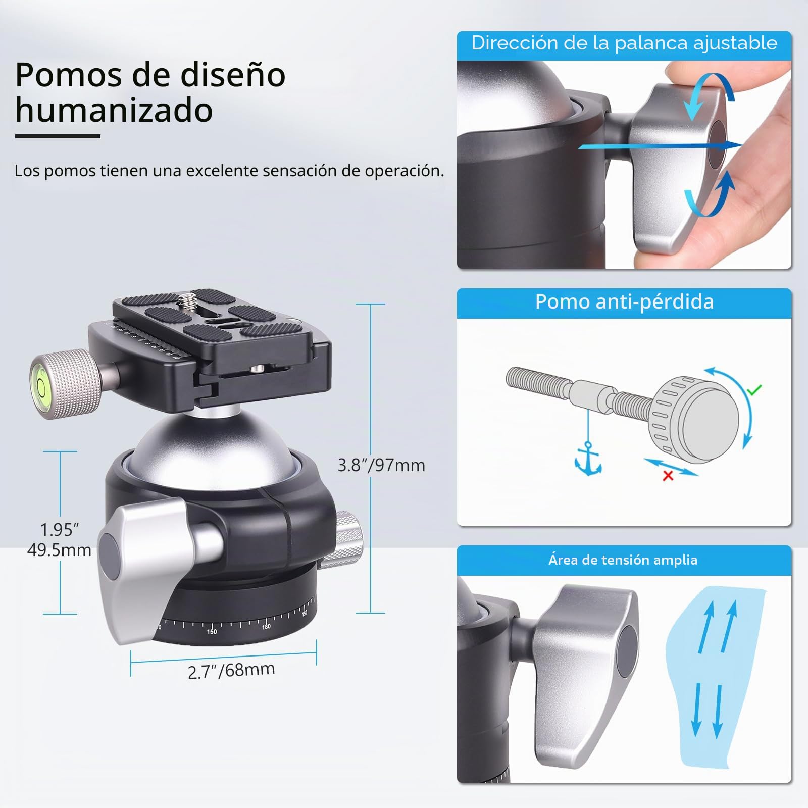 Cabezal de trípode de Perfil bajo ARTCISE, Cabezal de Bola panorámico de Metal de 56 mm Compatible con Placa de liberación rápida Arca 1/4" para trípode monopod cámara DSLR, Capacidad de Carga: 40 kg