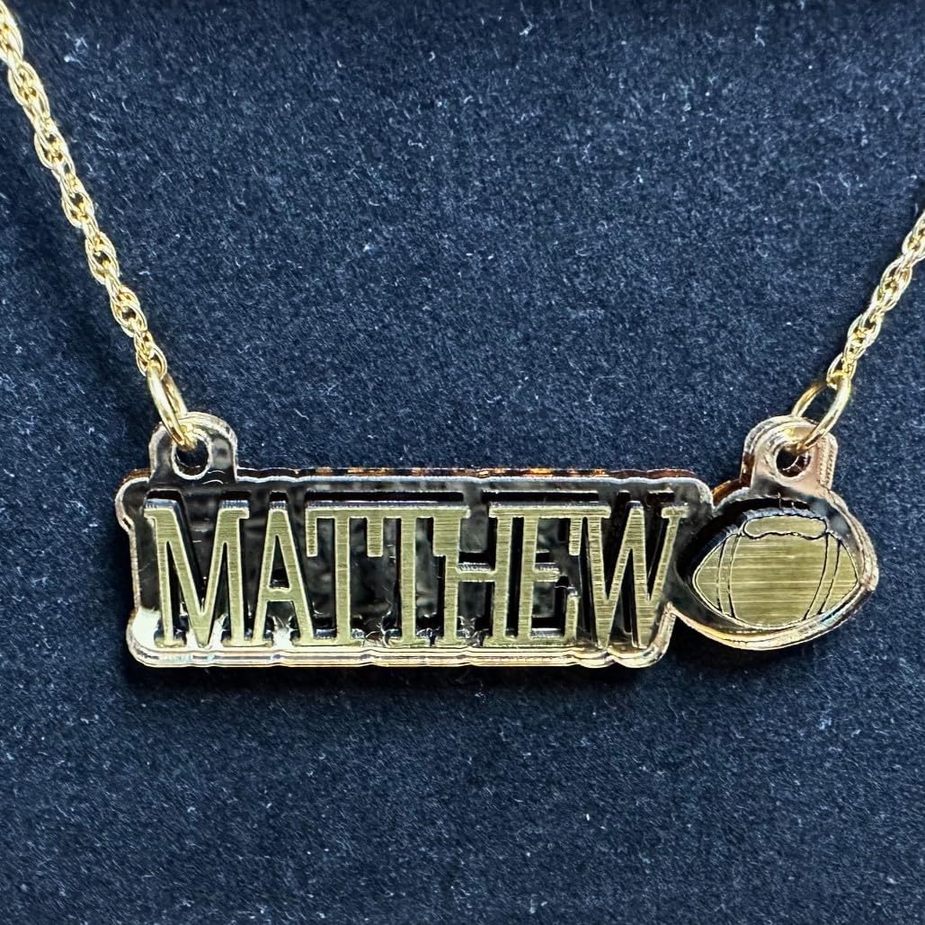 Sports Fan Player Gamer Themed Nameplate Necklace with Gold Laser Cut Letters and Football on Gold Mirror Background with Gold Chain Personalized Made to Order Custom Any Name Great Gift Idea Made in CT, USA