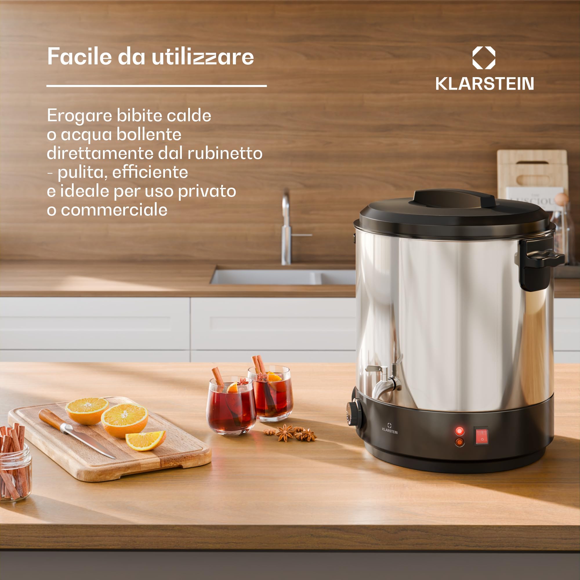 Klarstein Biggie Sterilizzatore Meccanico per Conserve 25 L in Acciaio Inox con Rubinetto in Acciaio Inox, 1800 W, 30–110 °C, Timer, Vin Brulé