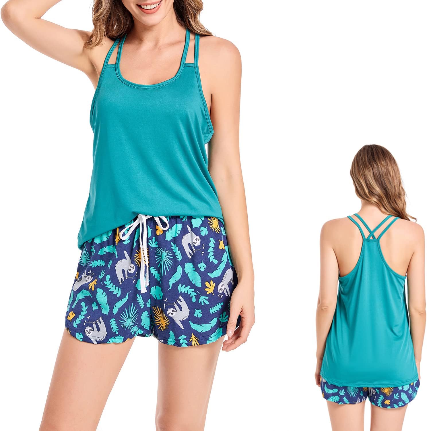 CHUNGWomen Camisole Top Shorts Bottom Pajamas Set Loungewear Sleepwear Tank Cross Back Fitness Fashion