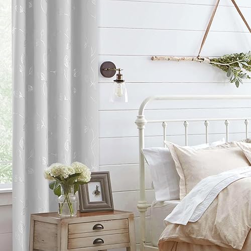 Miniatura 4 de BUHUA Cortinas opacas con estampado de hojas plateadas onduladas para sala de estar, cortinas de oscurecimiento con bloqueo de luz para dormitorio,