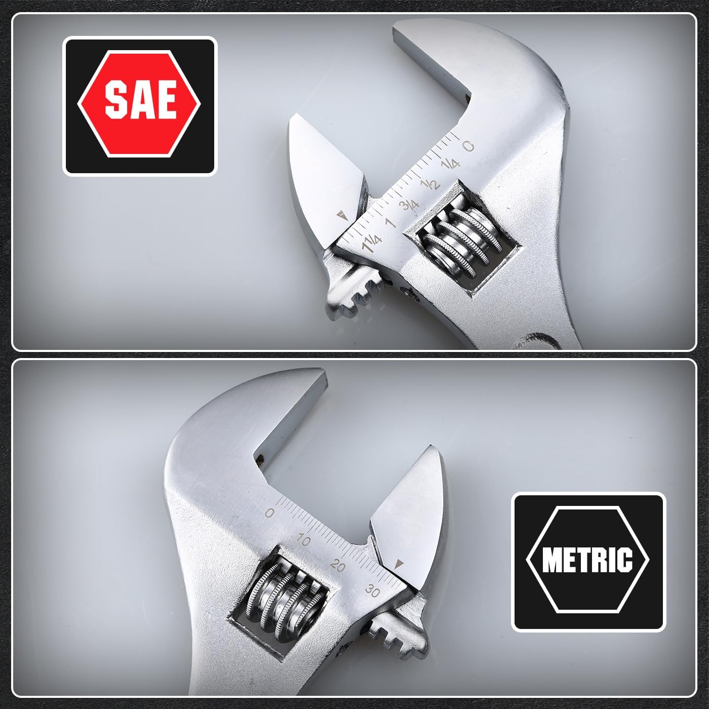 Adjustable Wrench Set, 3pc Wrench Set with SAE and Metric Scales, Heat-Treated Carbon Steel with Chrome Plated, Wide Jaw Wrenches for Home, Plumbing, Garage (10, 12, 15 Inch)