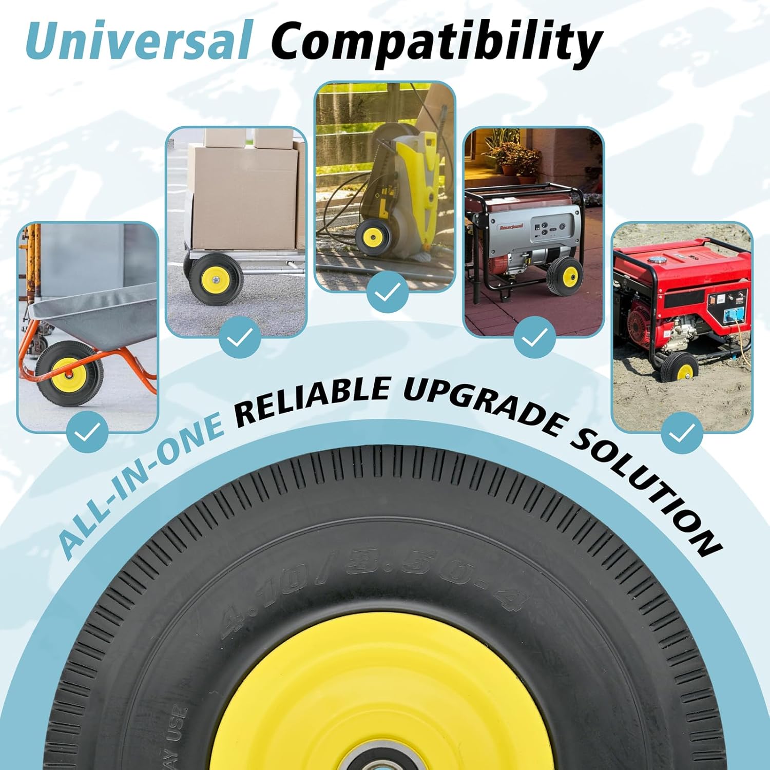 4.10/3.50-4" Flat Free Tire and Wheel, 10" Solid Tire with 5/8" Axle Bore Hole with 3/4" & 1/2" Extra Bearings, 2.2" Offset Hub for Wheelbarrow Hand Truck Garden Wagon Cart Trolley Dolly