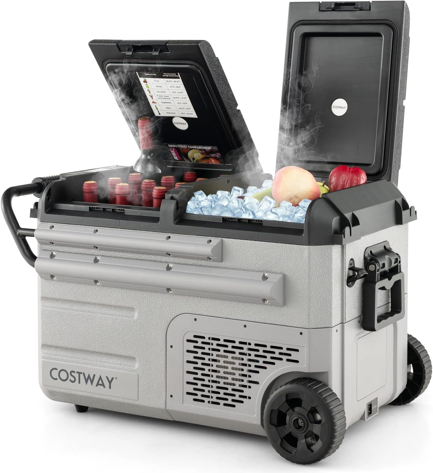 COSTWAY Car Refrigerator with Wheels, 40-Quart Dual-zone Single-temperature Electric Cooler, 12V/24V DC, 100-240V AC, -4°F To 50°F, Reversible Lids, Portable Car Freezer for RV Camping, Black