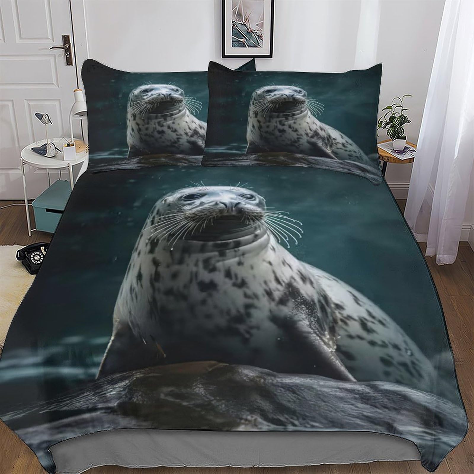 Pazzk Boys Seal 3D Duvet Cover Set Microfiber Bedding Set Quilt Cover 3 Pieces With Zipper Closure And Pillowcases For Girls And Teenagers Comforter Cover King (220X240cm)